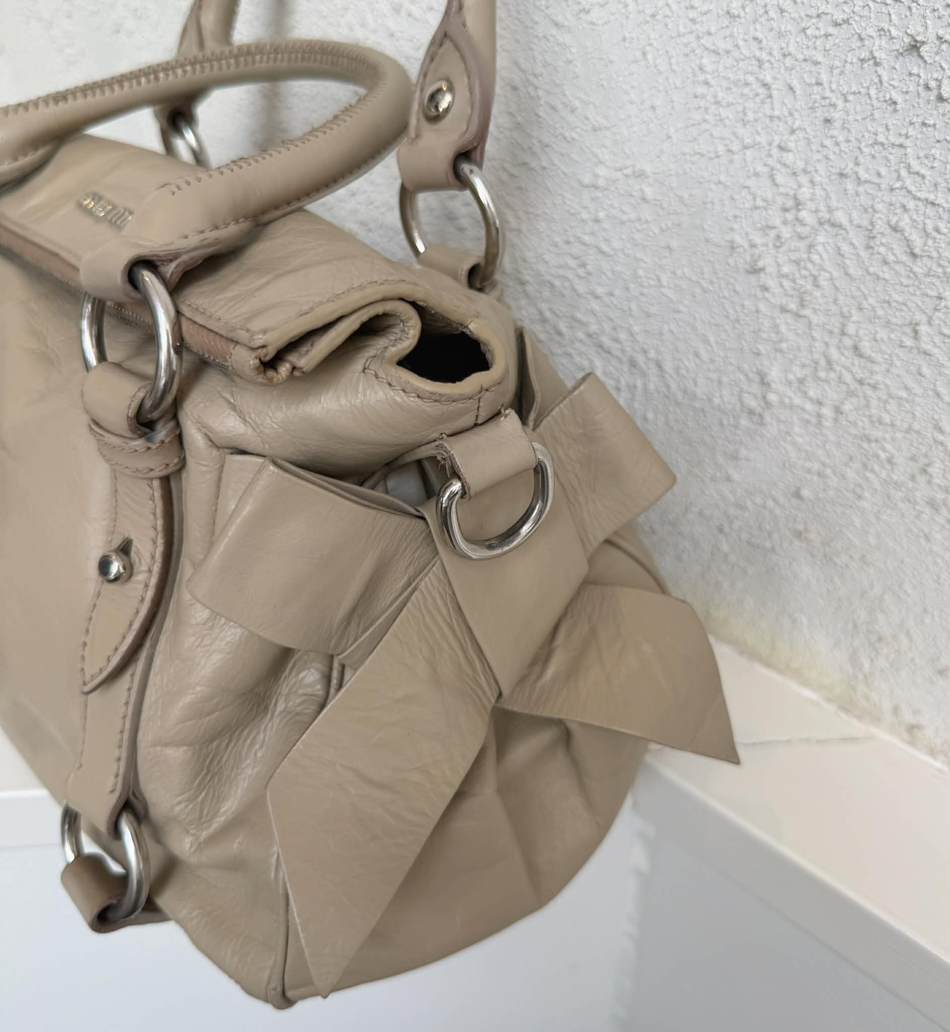 Miu Miu Vitello Lux Leather Bow Satchel Brown