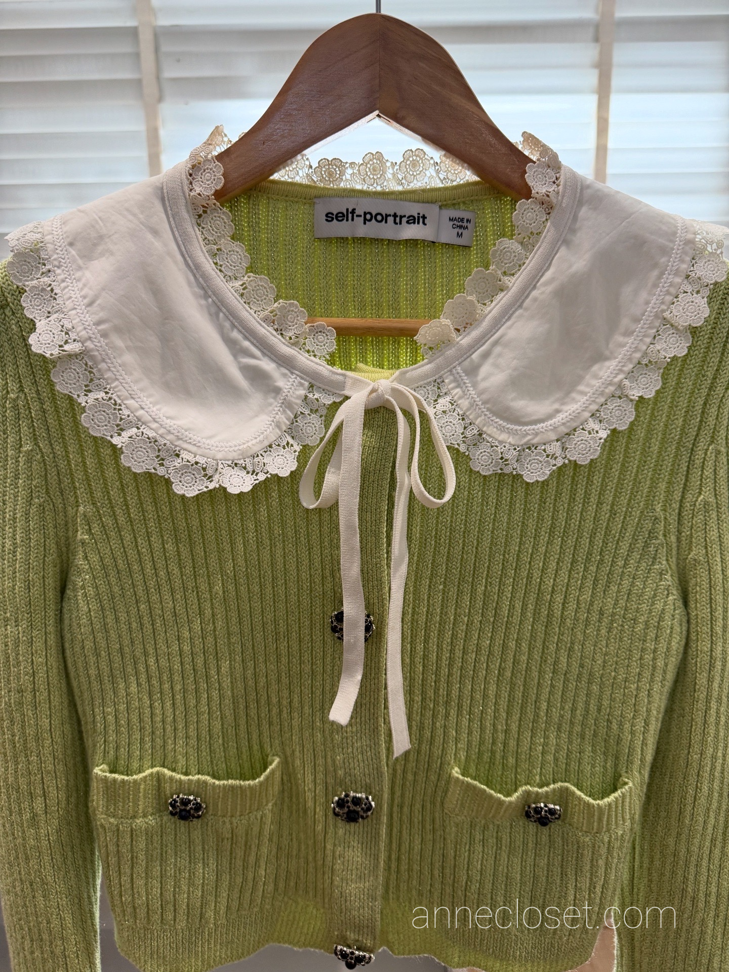 Self Portrait Contrast Collar Knit Cardigan - Avocado