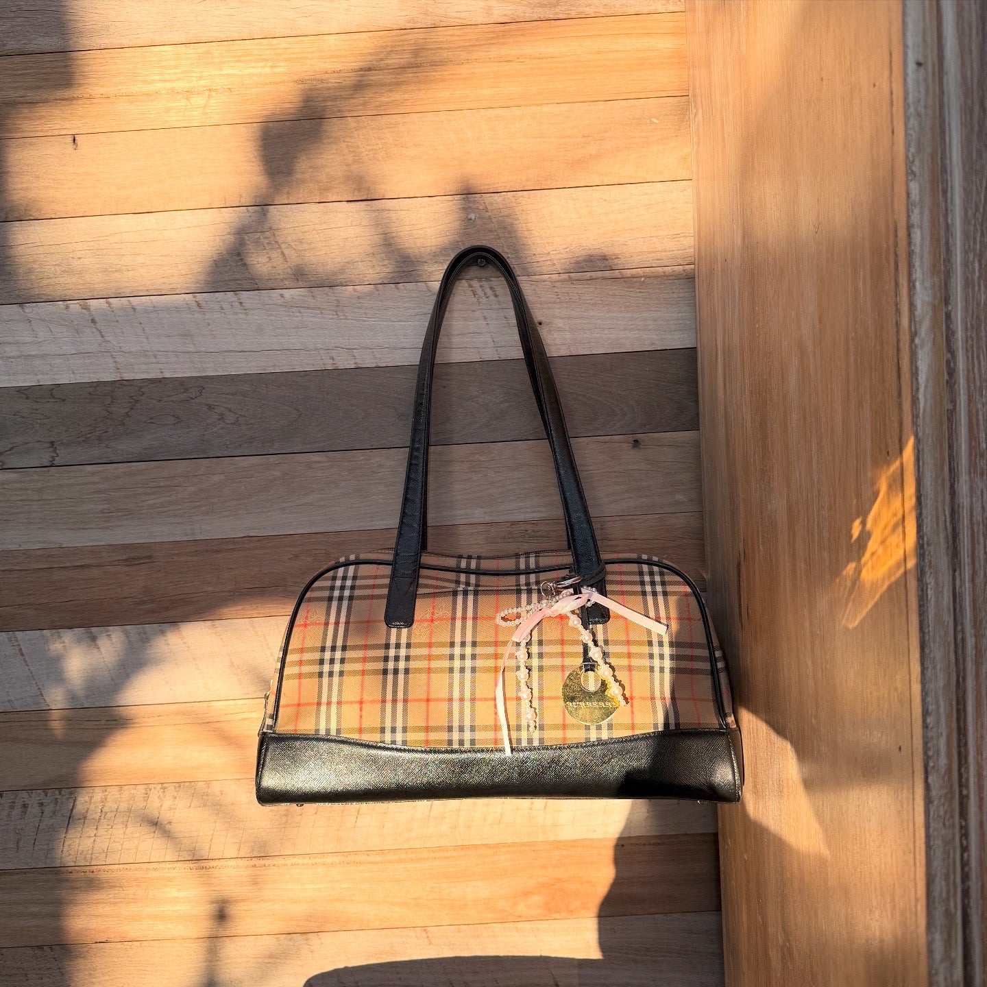 Burberry Check Pattern Leather and Canvas Shoulder Bag
