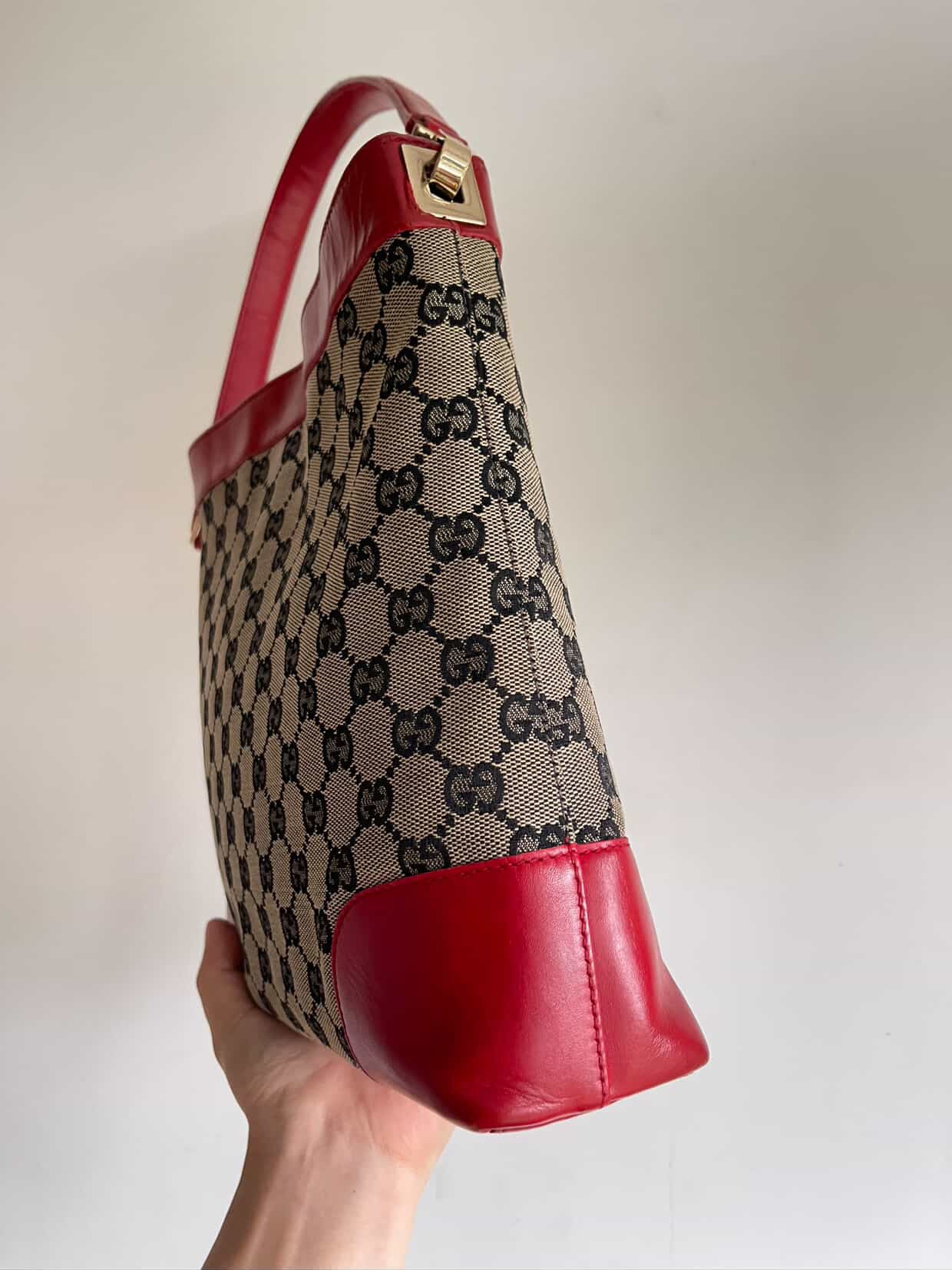 GUCCI GG Canvas One Shoulder Bag Red Leather