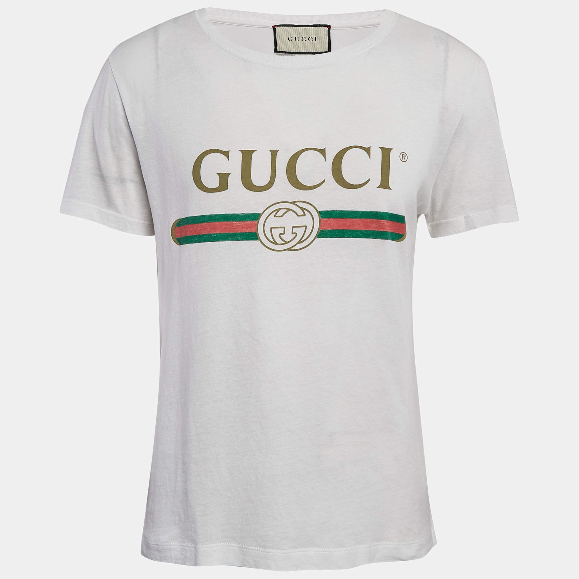 GUCCI White Logo Print Cotton Round Neck T-Shirt