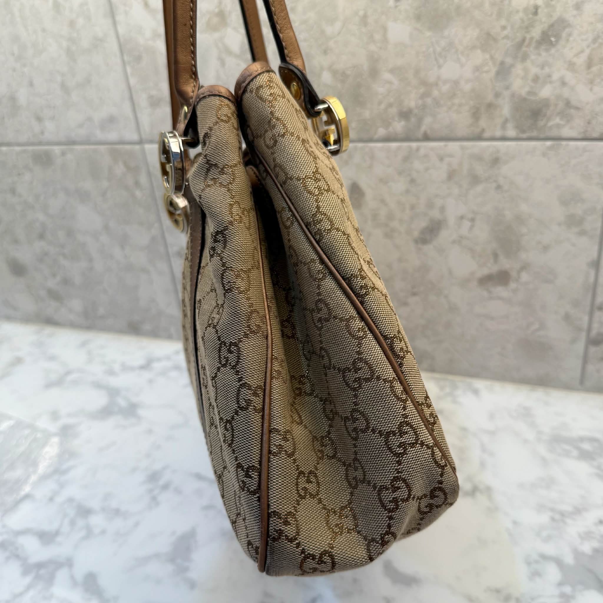 Gucci Beige/Bronze GG Canvas and Leather Large GG Twins Tote