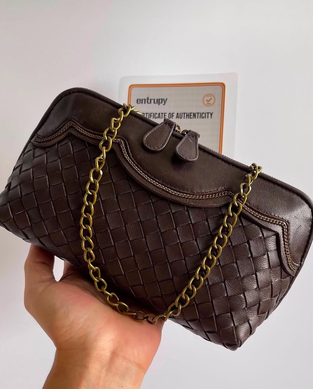 Bottega Veneta Brown intrecciato woven chain pochette