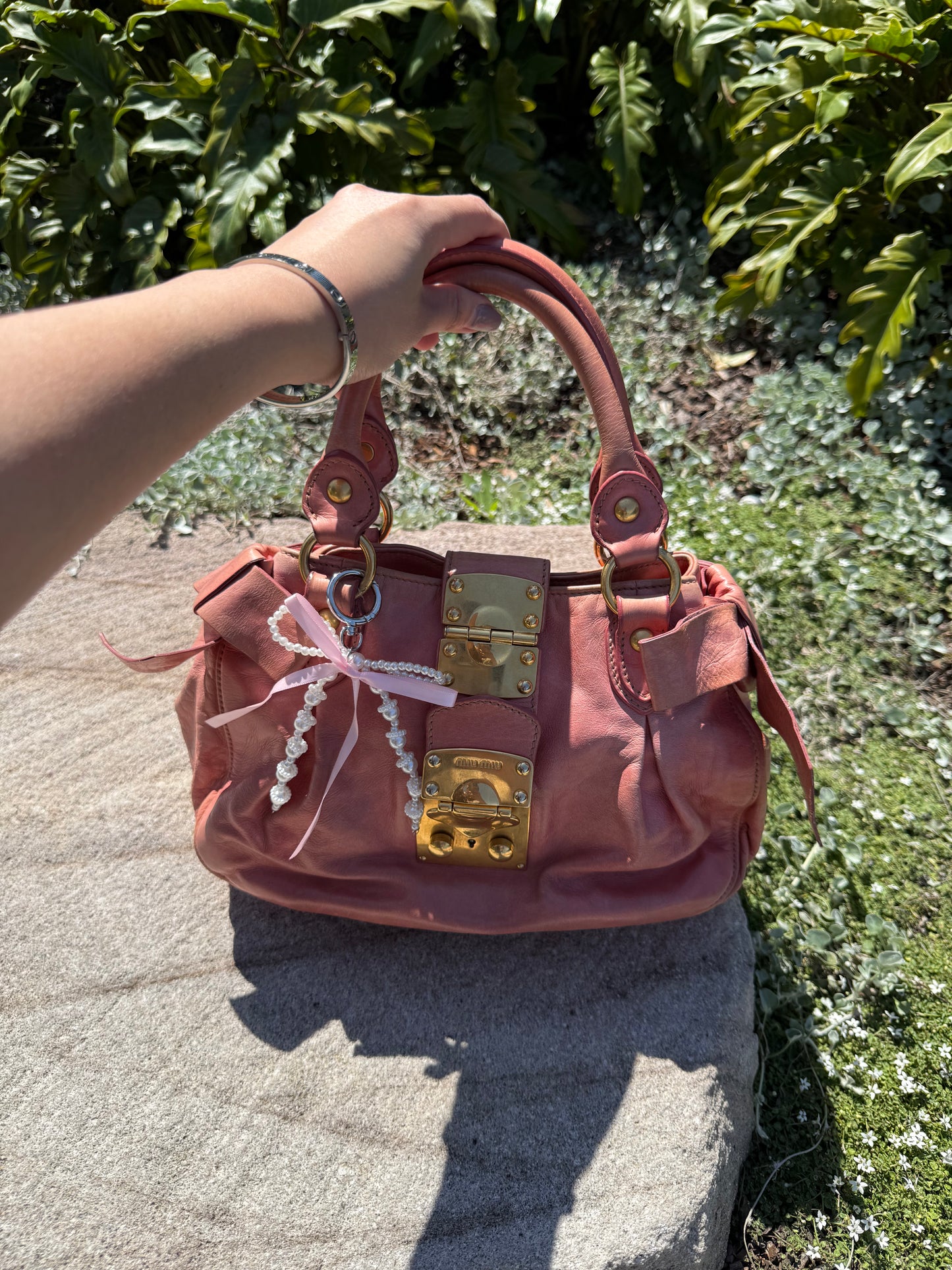 Miu Miu Vitello Lux Handbag Leather Pink Side Ribbon
