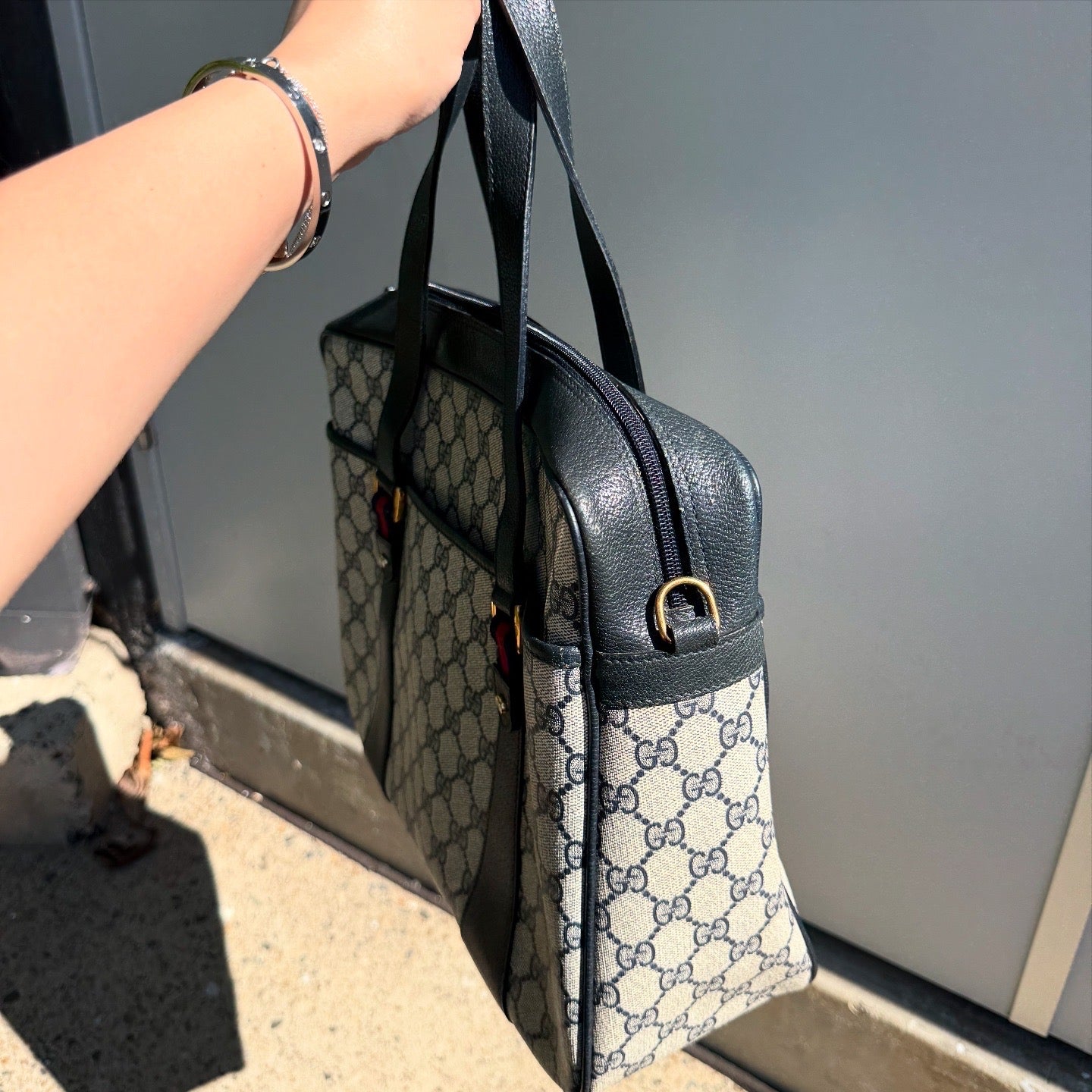 GUCCI GG Canvas Leather Sherry Line Satchel Bag