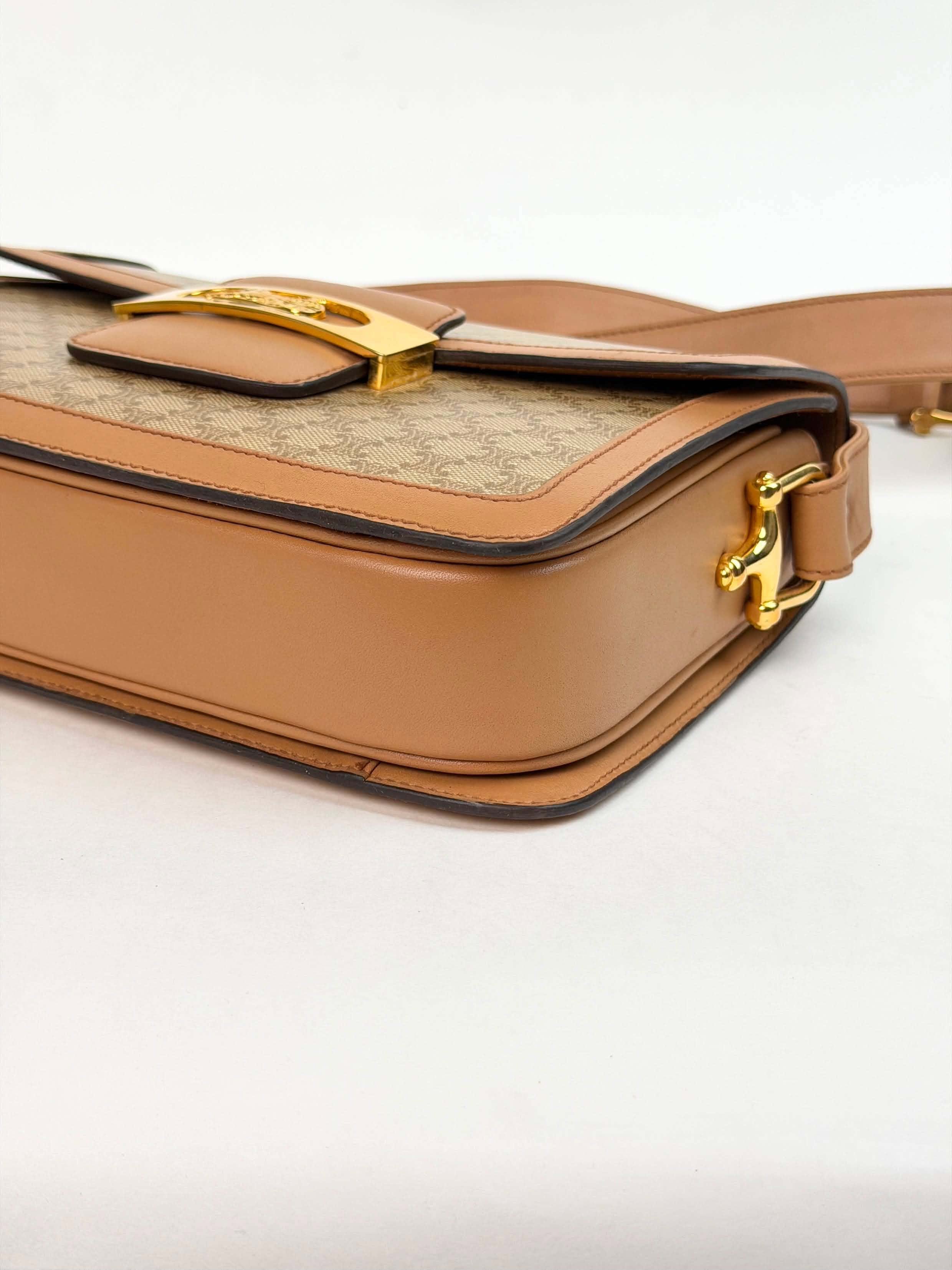 Celine Vintage Beige Macadam Horse Carriage Shoulder Bag