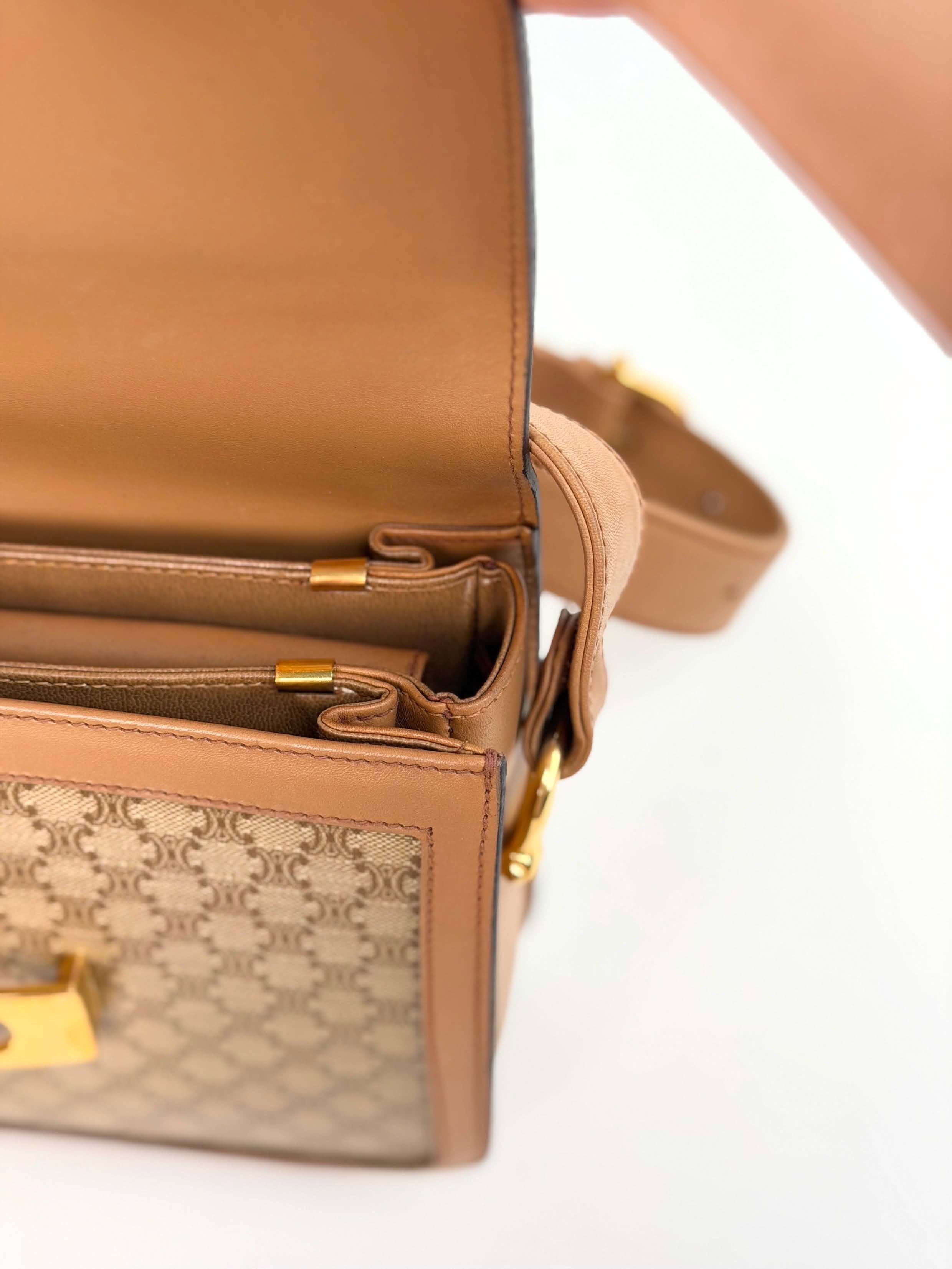 Celine Vintage Beige Macadam Horse Carriage Shoulder Bag