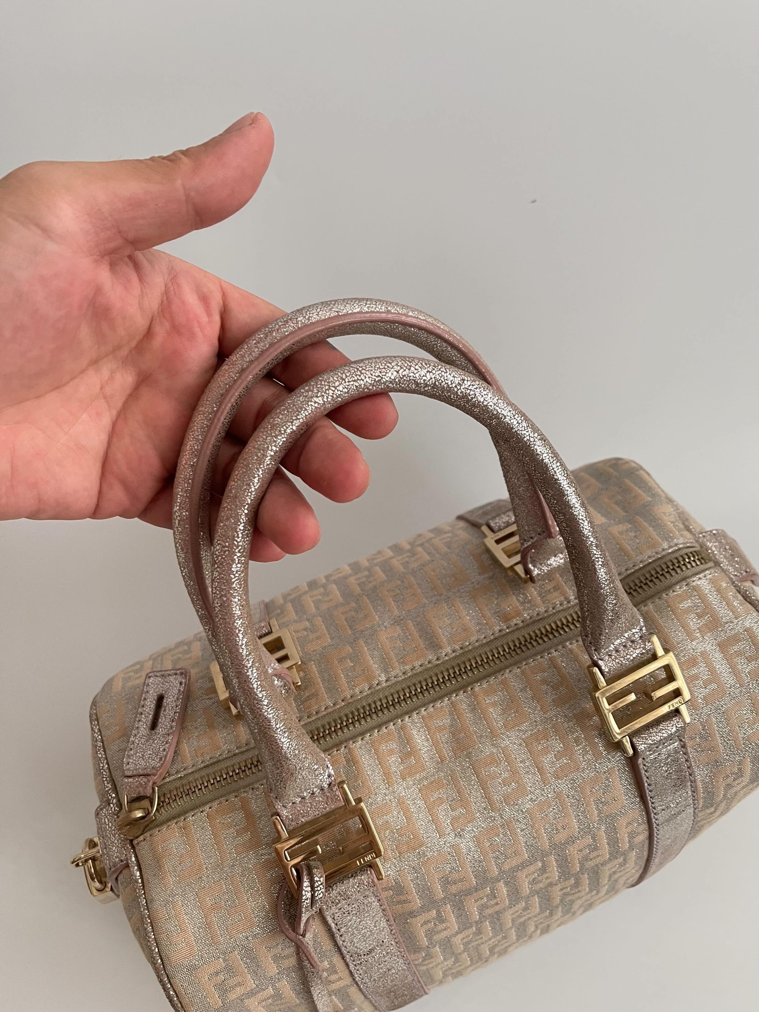 FENDI Zucchino Boston Handbag Pink Silver