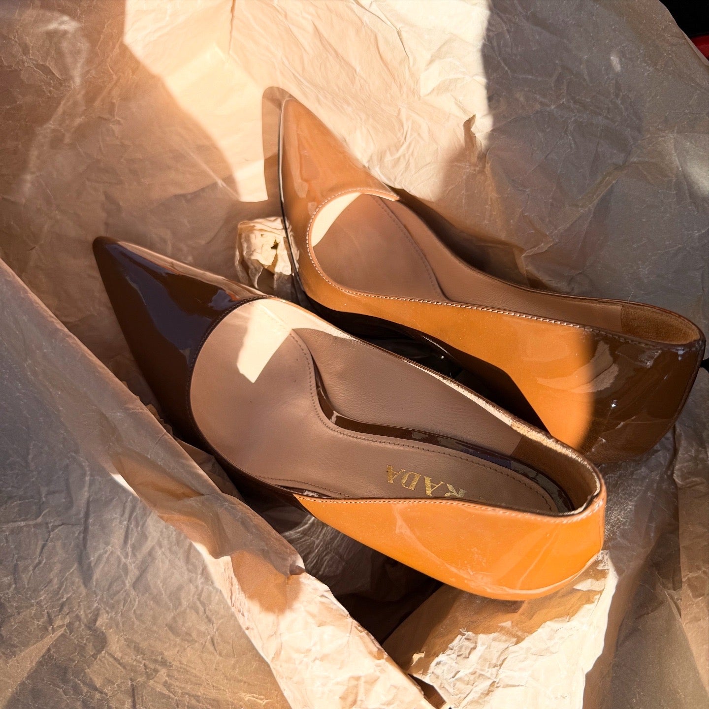 Prada Enamel Pointed Toe Pumps Spin Heels 9cm