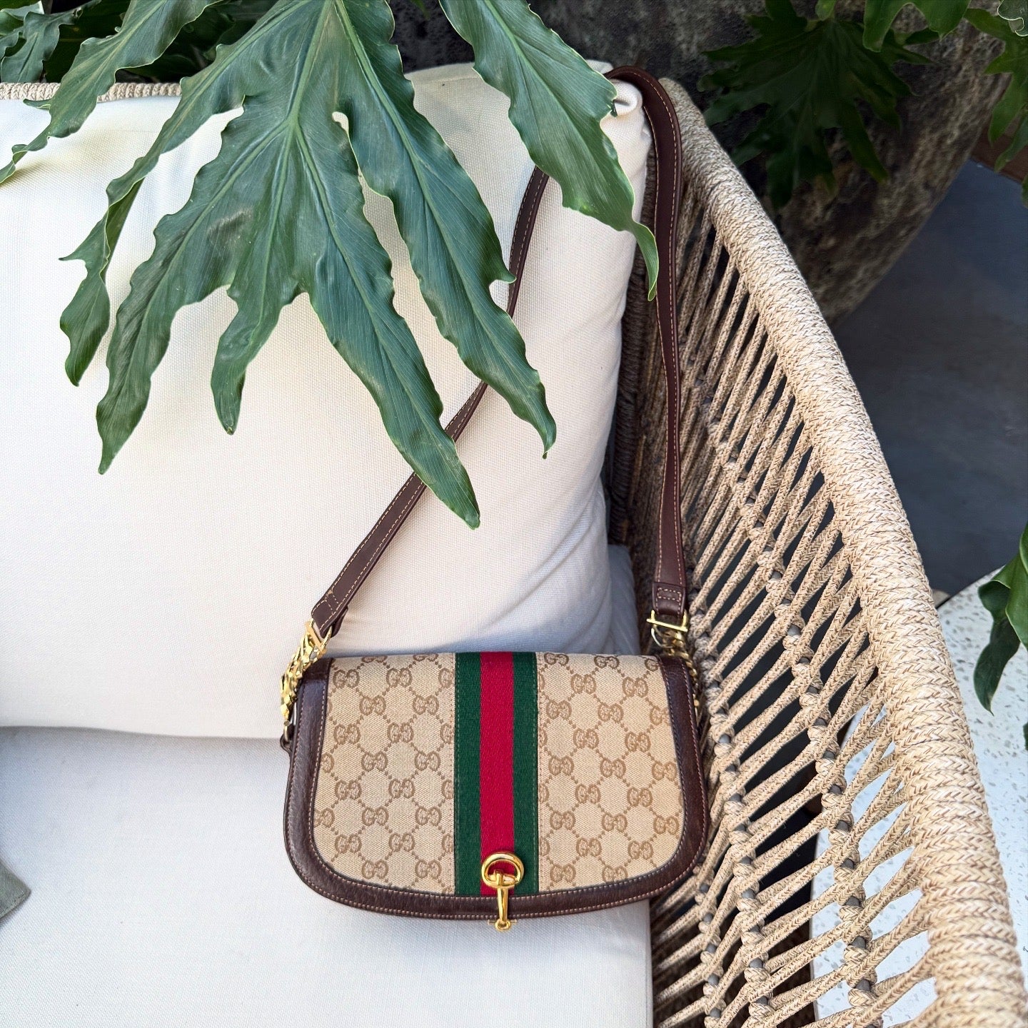 Gucci Vintage GG Beige Original Canvas & Brown Leather Bag