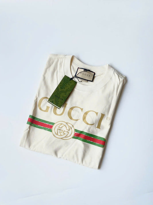 GUCCI White Logo Print Cotton Round Neck T-Shirt