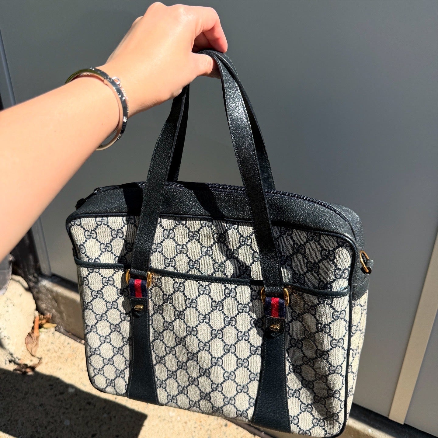 GUCCI GG Canvas Leather Sherry Line Satchel Bag