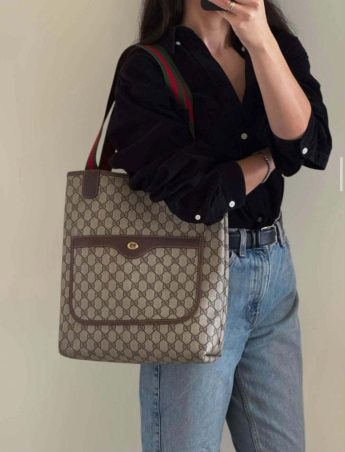 GUCCI GG Coated Canvas Web Sherry Line Tote Bag