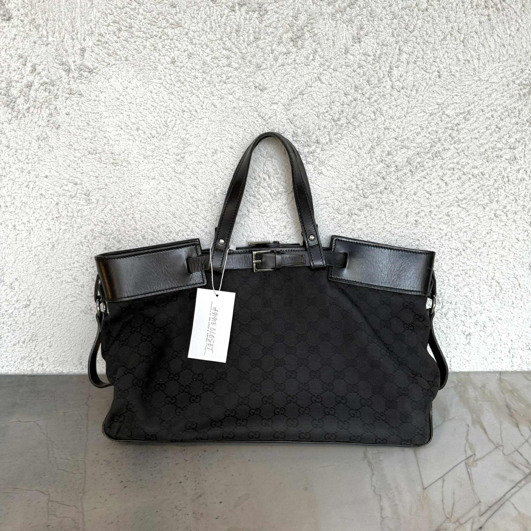 Gucci GG Monogram Canvas/Leather Belt Buckle Handbag Black