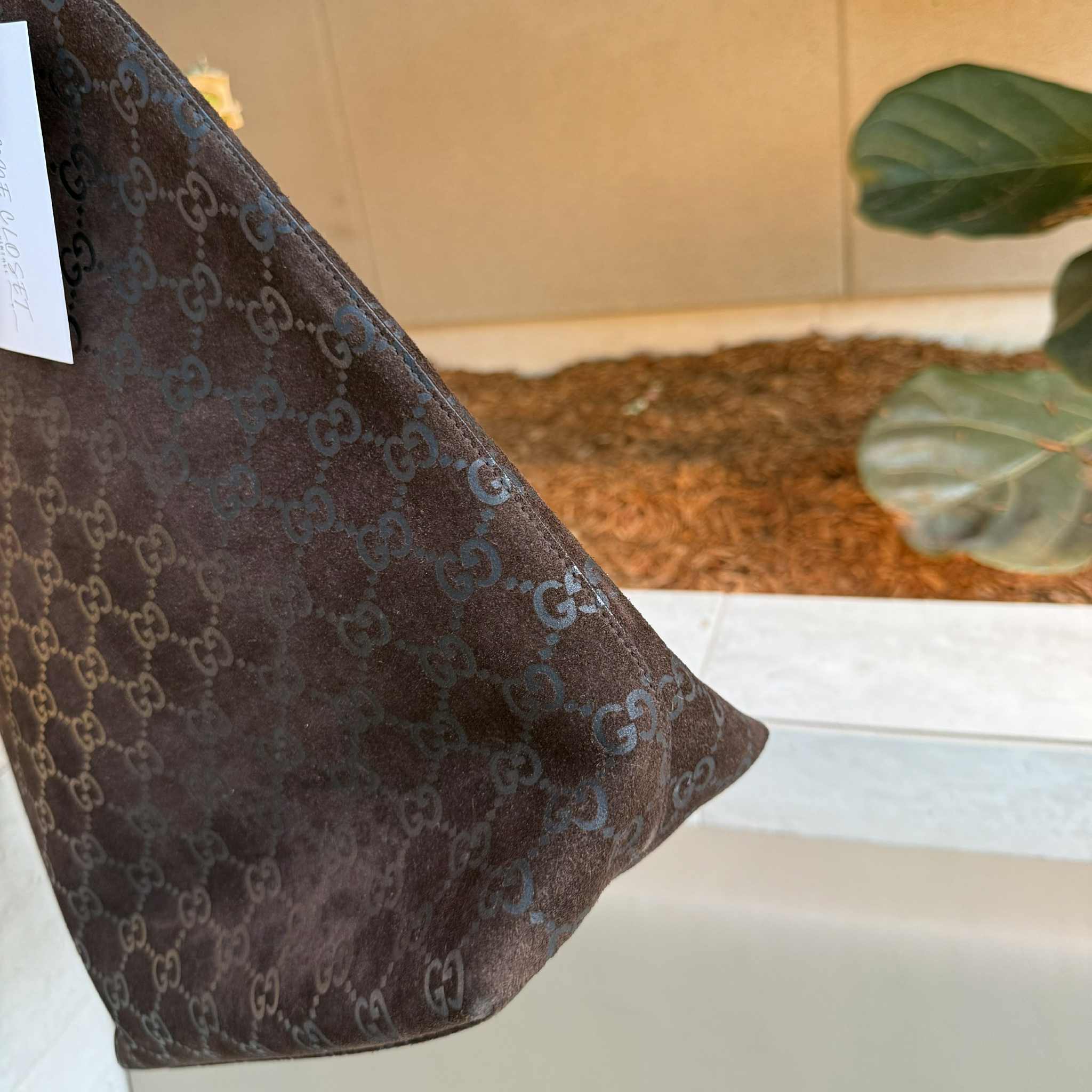 Gucci Dark Brown Bamboo Handle Suede HandBag