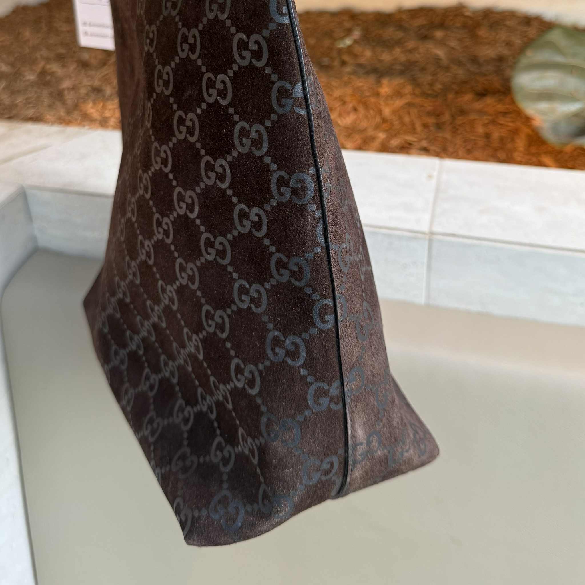 Gucci Dark Brown Bamboo Handle Suede HandBag