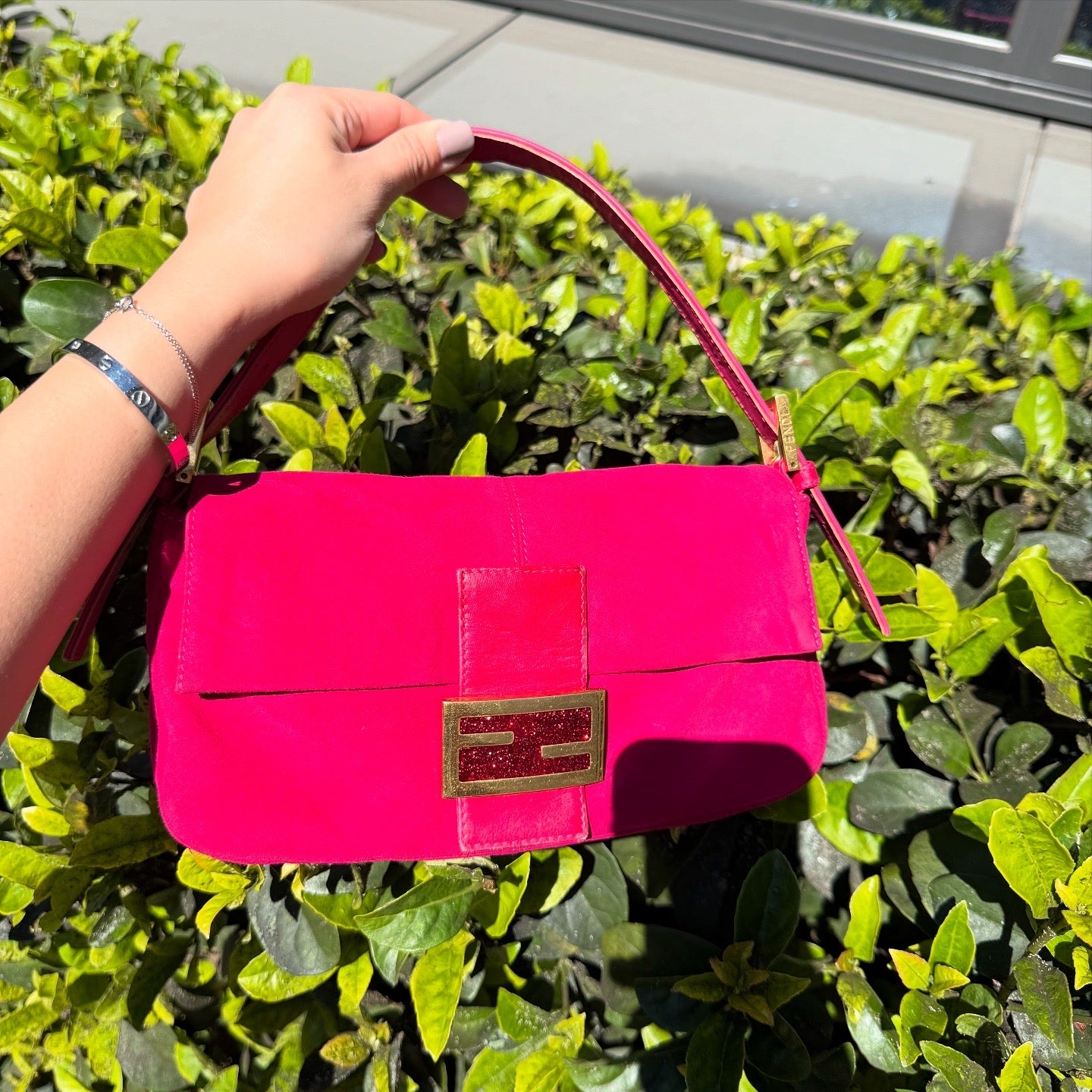 Fendi Suede Baguette Fuchsia Handbag