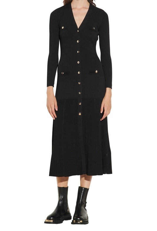SANDRO Jannel in Black Ribbed Stretch Knit Midi Cardigan Dress