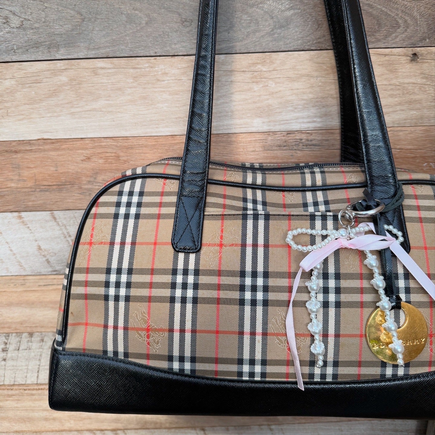 Burberry Check Pattern Leather and Canvas Shoulder Bag