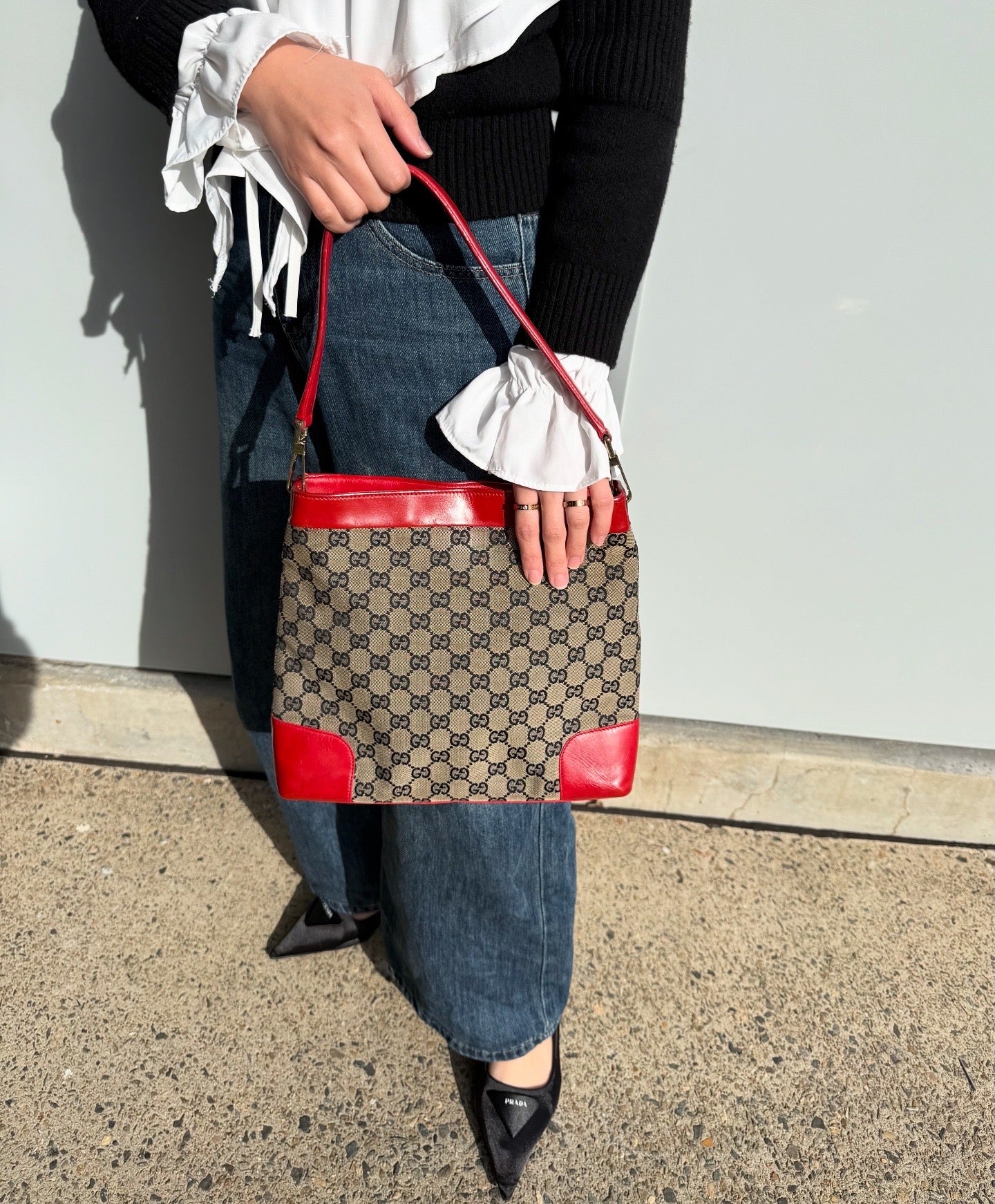 GUCCI GG Canvas One Shoulder Bag Red Leather