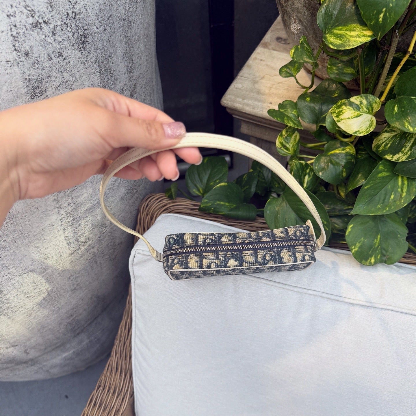 Dior White Dior Oblique Trotter Baguette Blue Cream