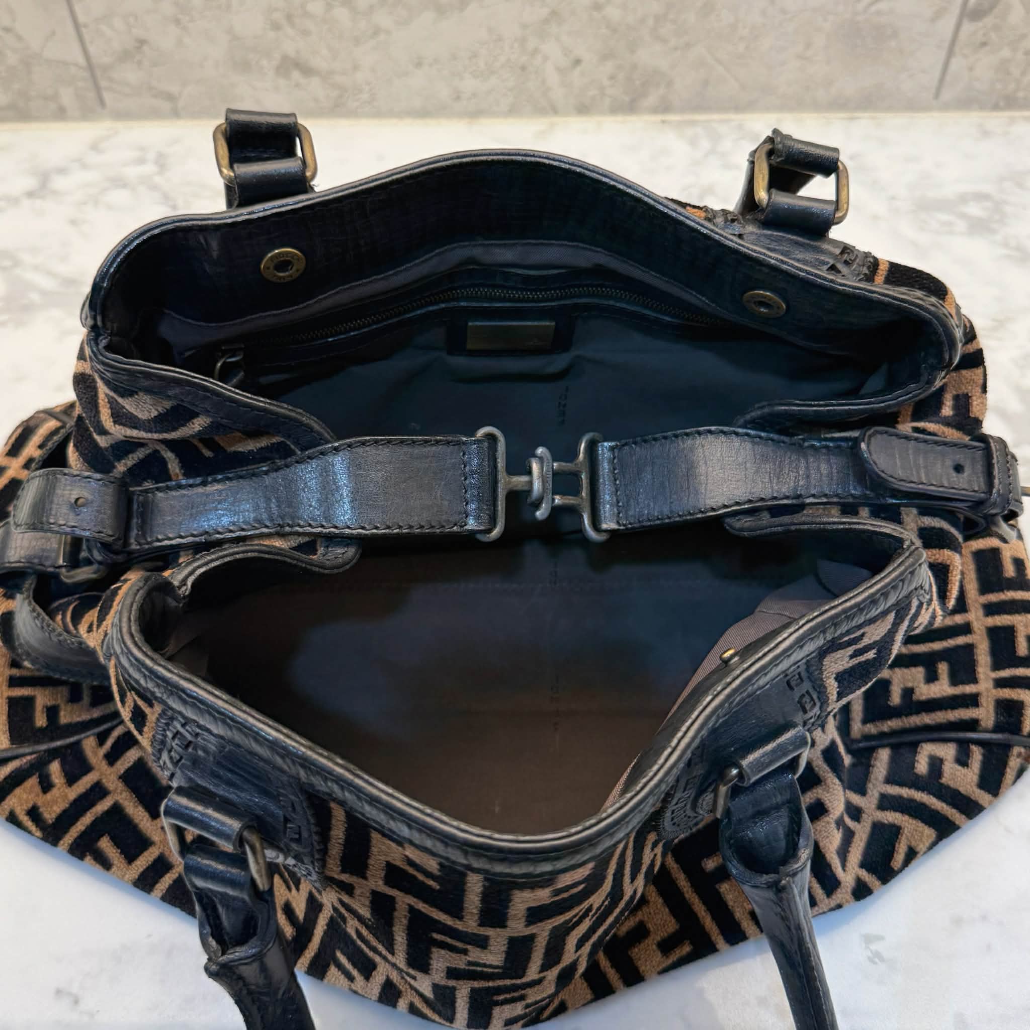 Fendi Black/Tobacco Velvet and Leather Medium Chef De Jour Bag