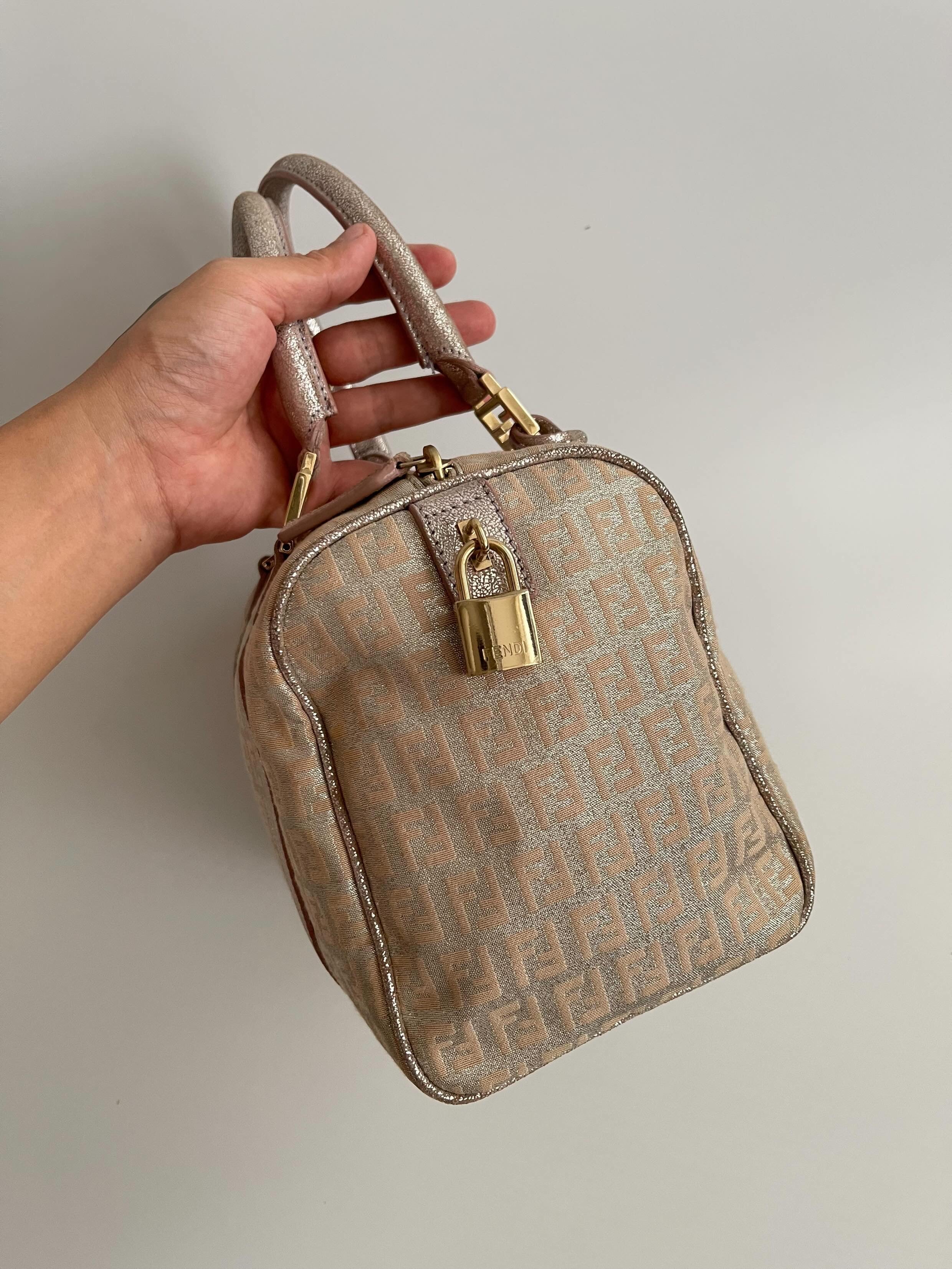 FENDI Zucchino Boston Handbag Pink Silver