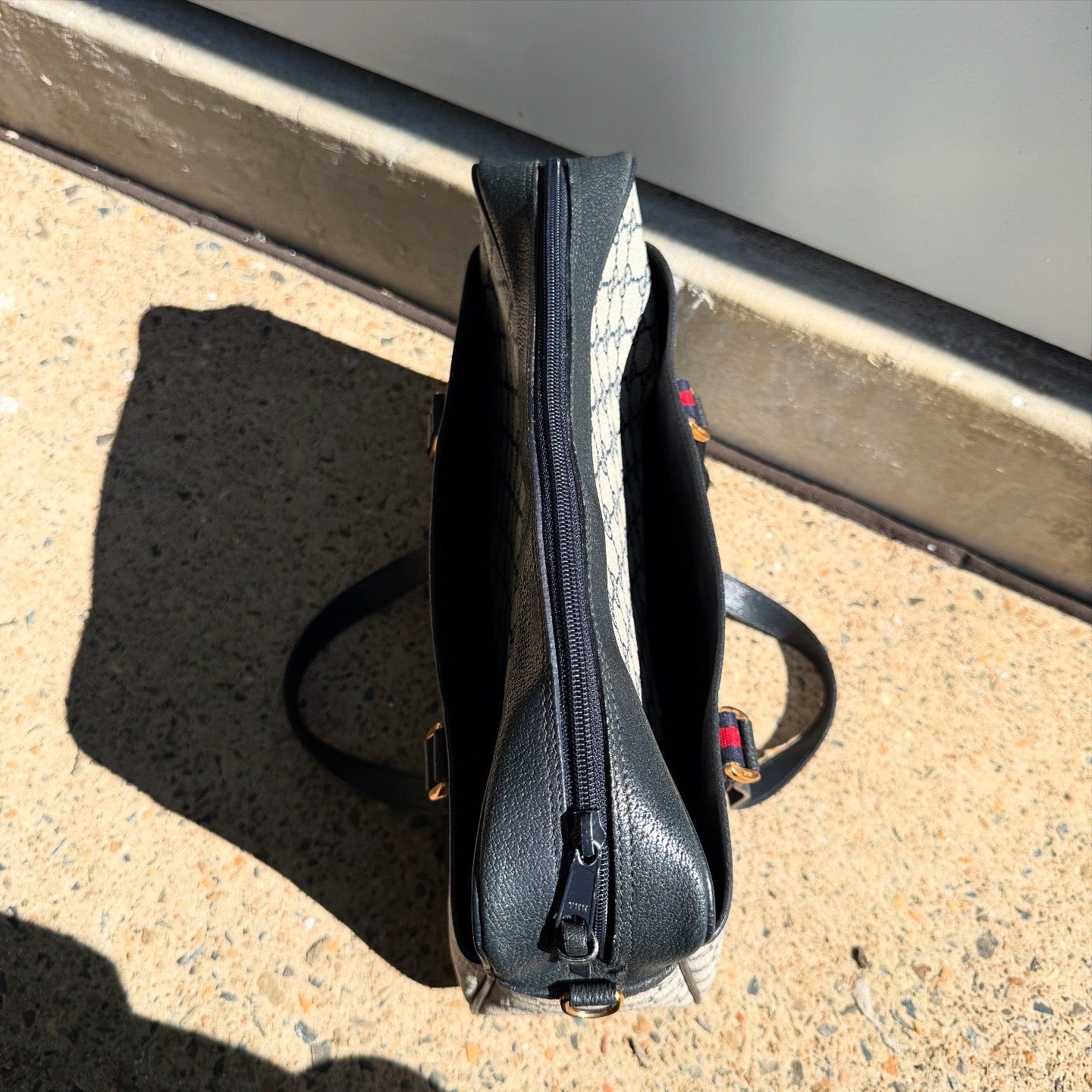 GUCCI GG Canvas Leather Sherry Line Satchel Bag