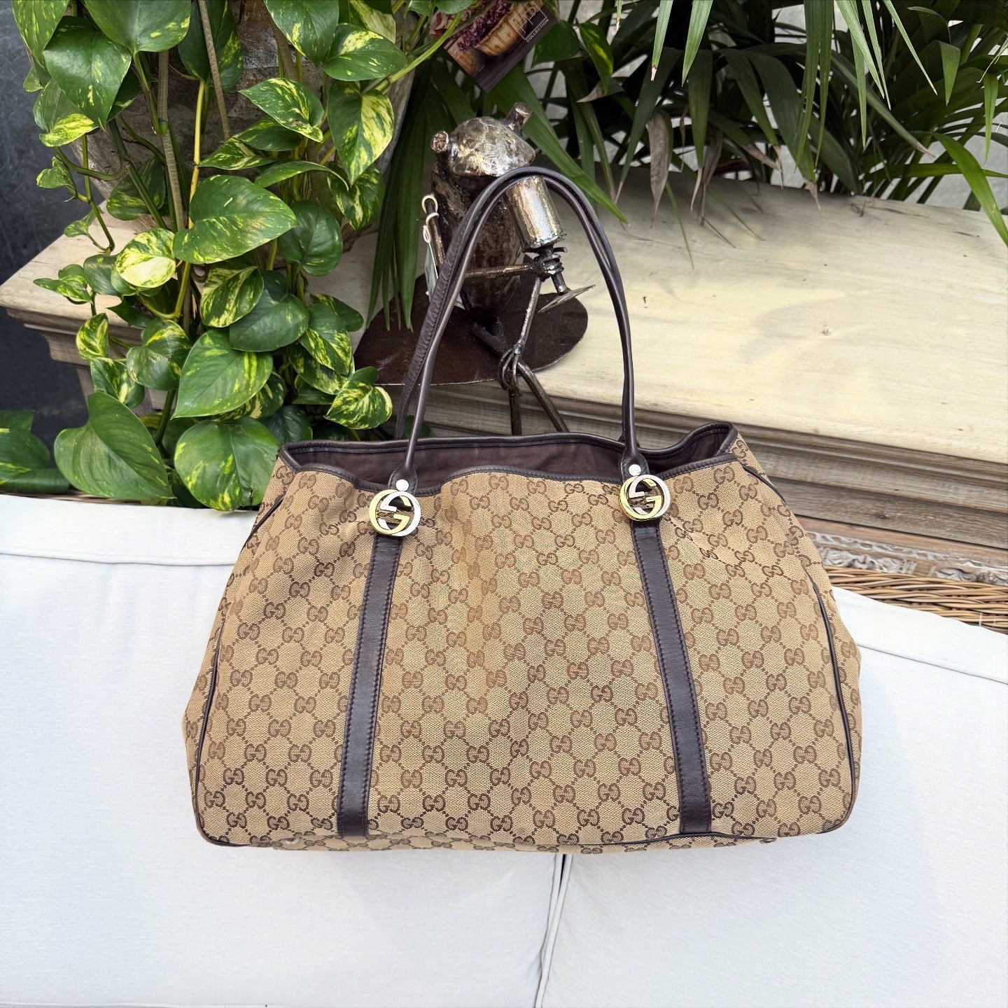 Gucci GG Canvas Twins Black Leather Tote Bag
