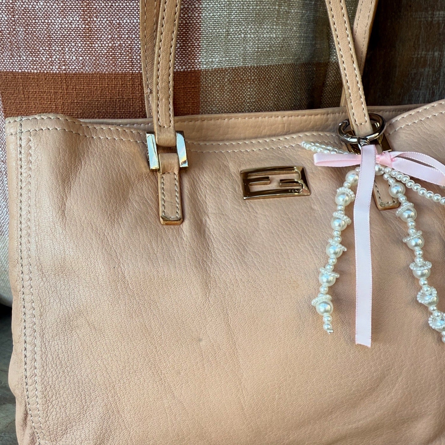 Fendi Beige Leather Logo Tote