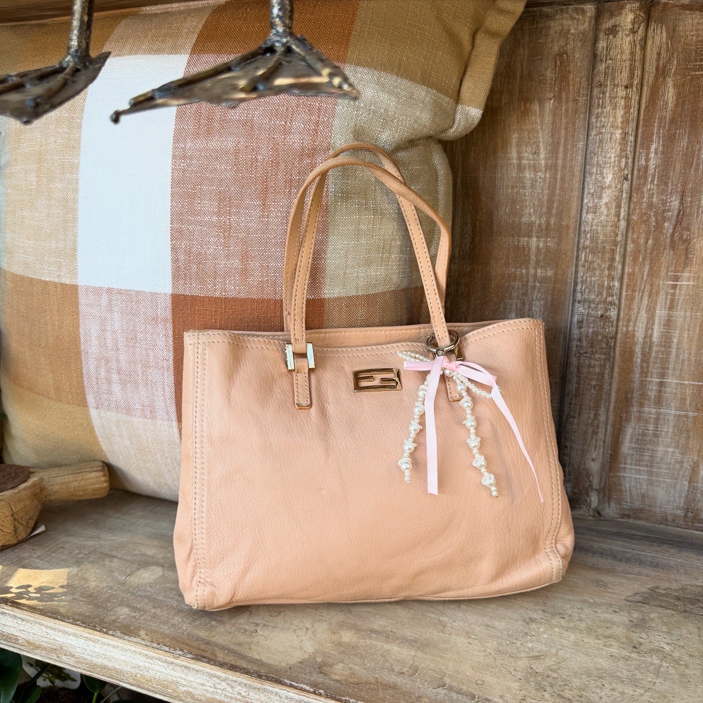 Fendi Beige Leather Logo Tote