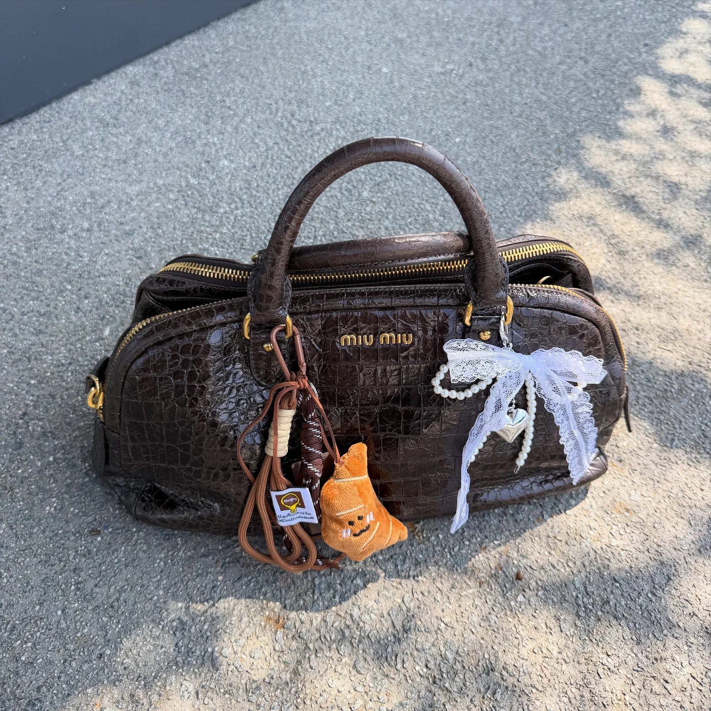 Miu Miu Beige Croc Embossed Patent Leather Bowling Bag