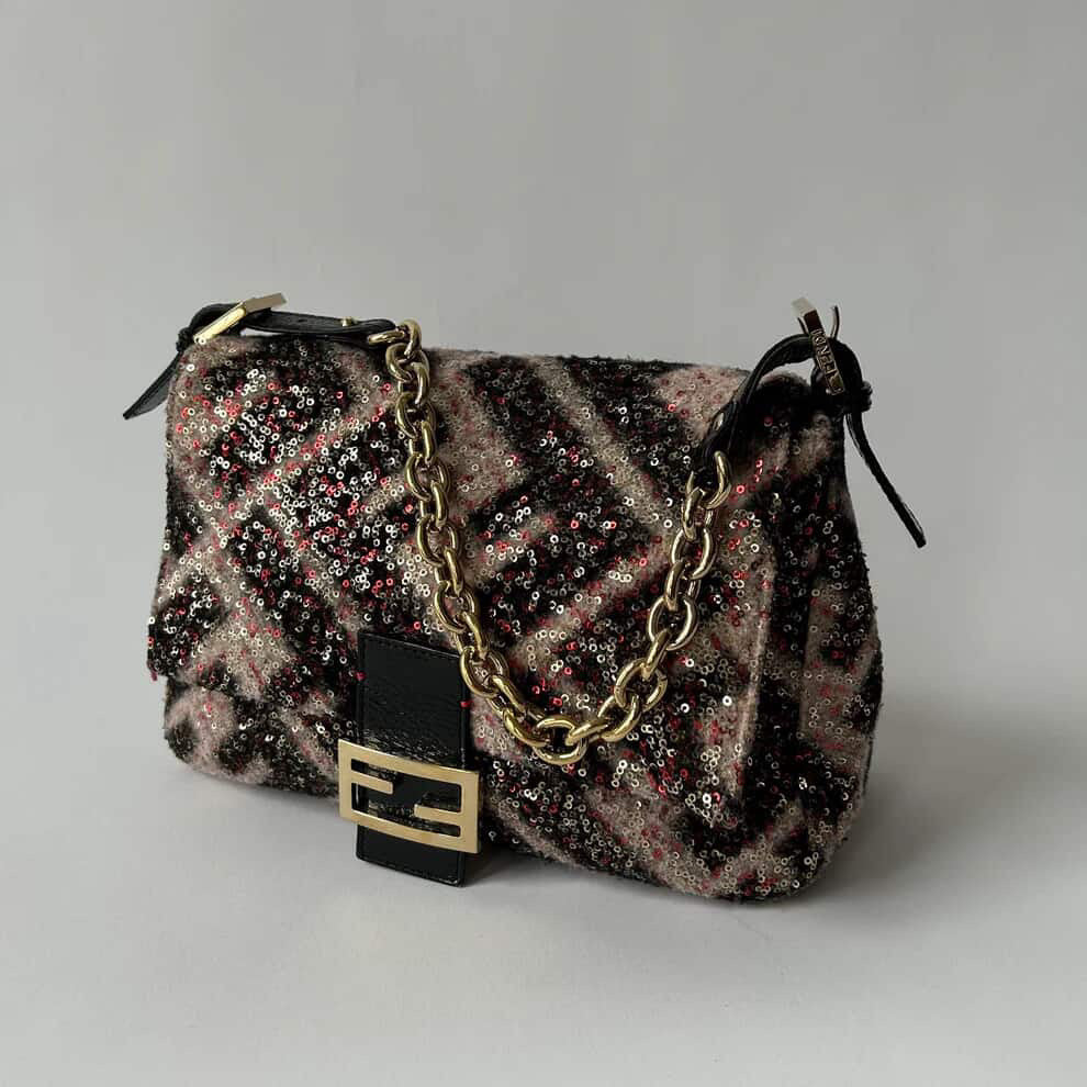 FENDI MAMMA BAGUETTE SEQUINED ZUCCA WOOL BLACK PINK