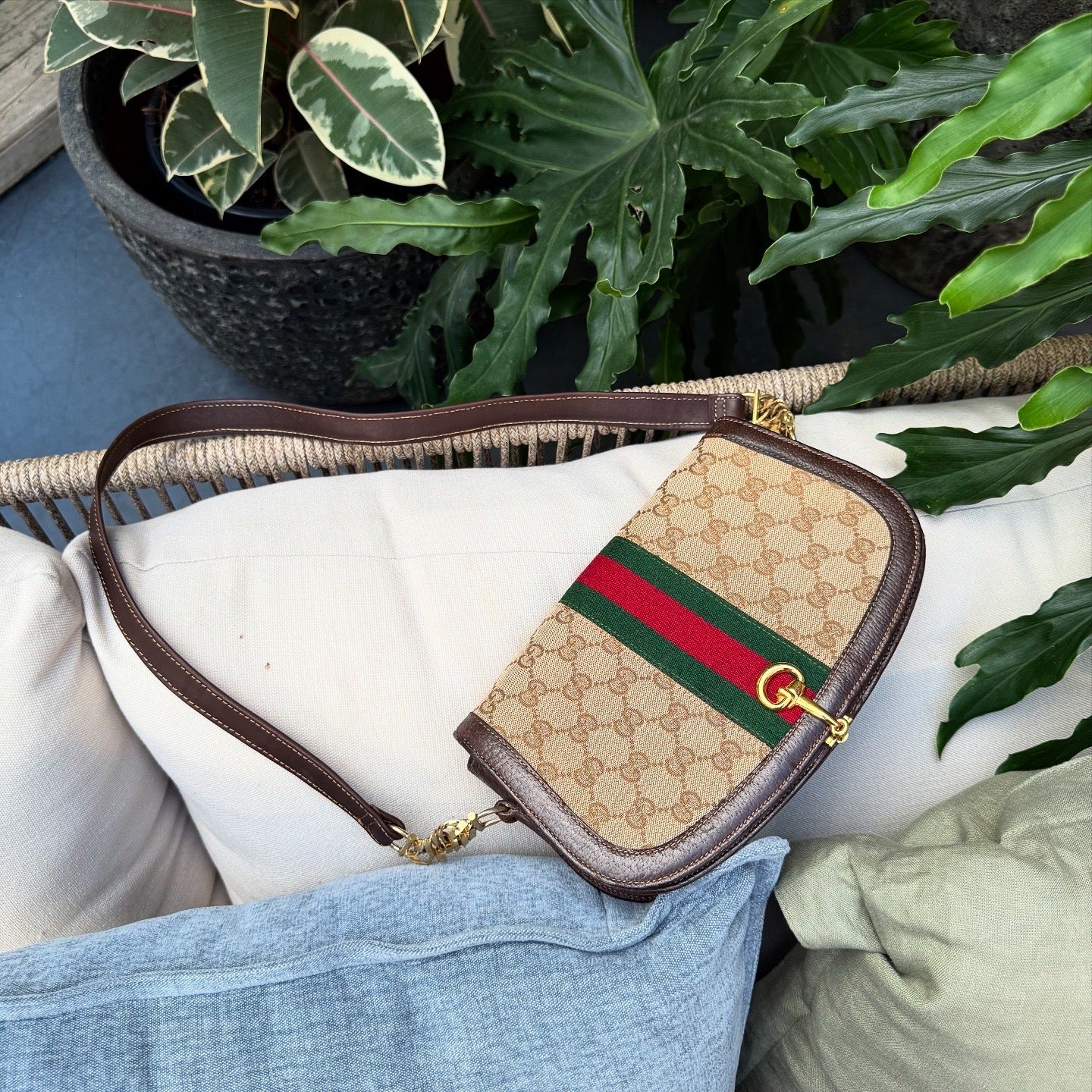 Gucci Vintage GG Beige Original Canvas & Brown Leather Bag