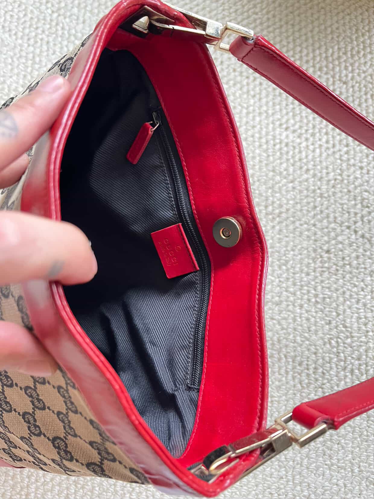 GUCCI GG Canvas One Shoulder Bag Red Leather