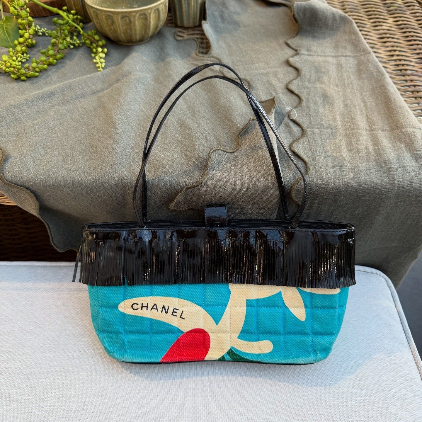 Chanel Vintage Fringe CC Tote Quilted Printed Canvas