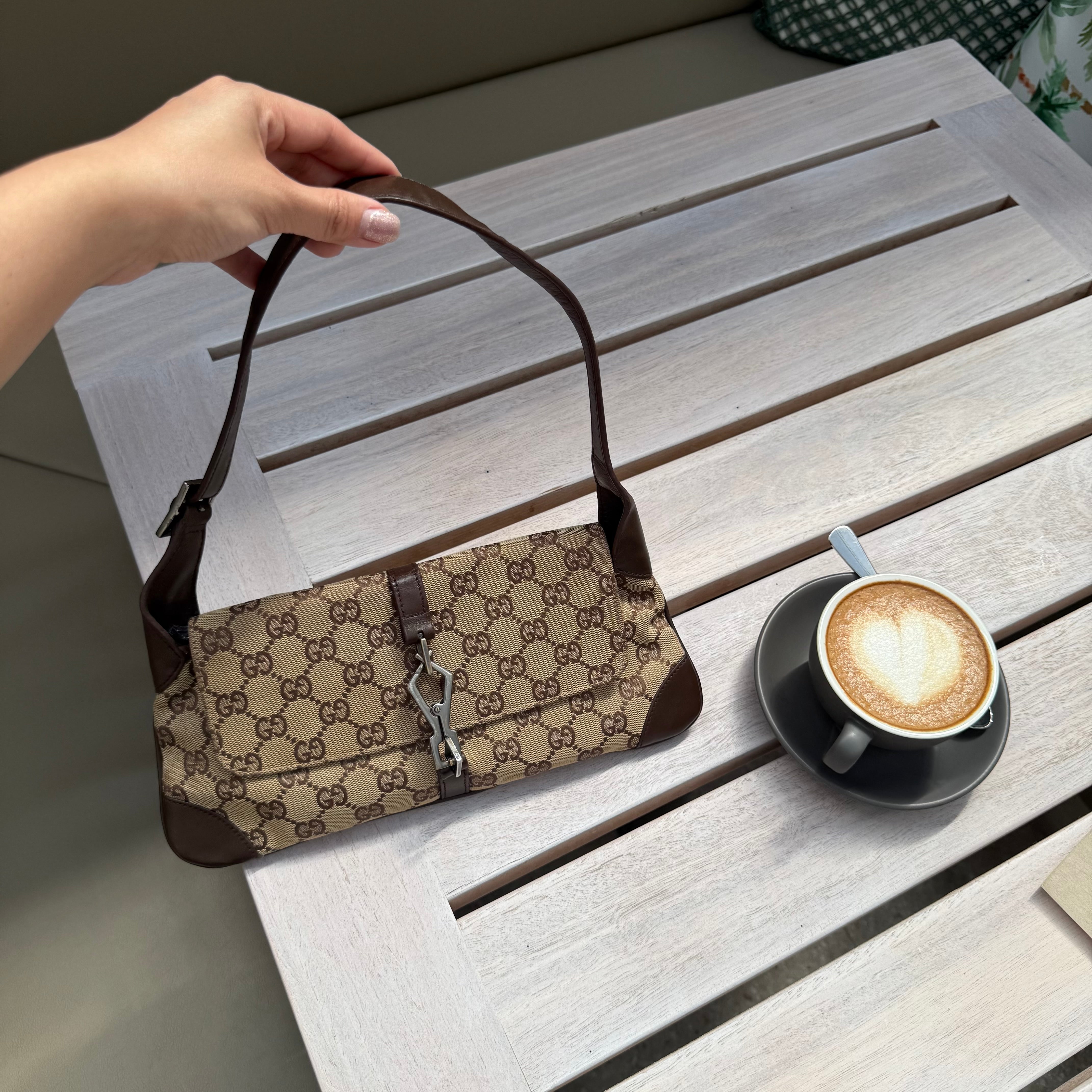 Gucci Monogram Jackie O Flap Bag Brown