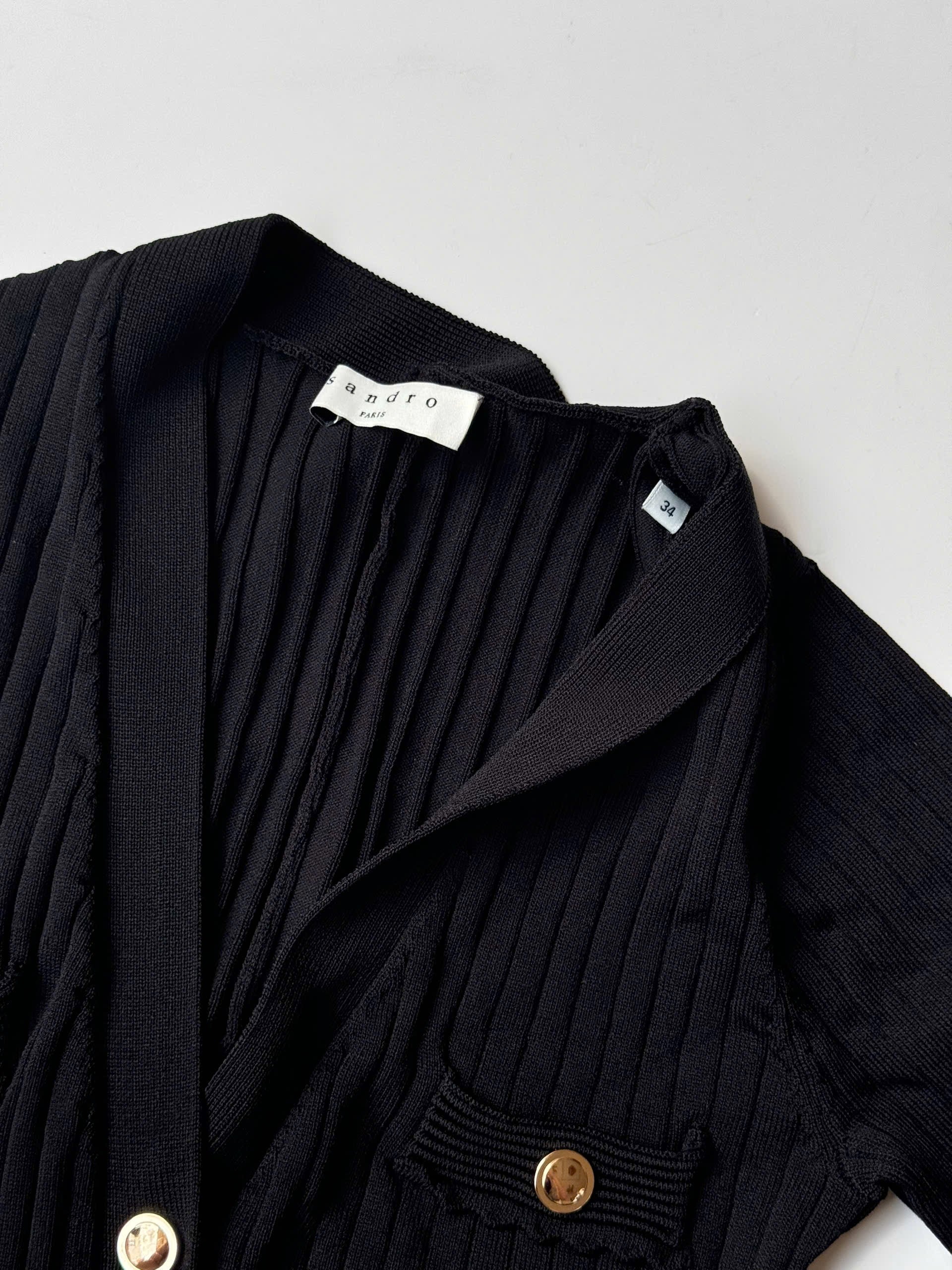 SANDRO Jannel in Black Ribbed Stretch Knit Midi Cardigan Dress