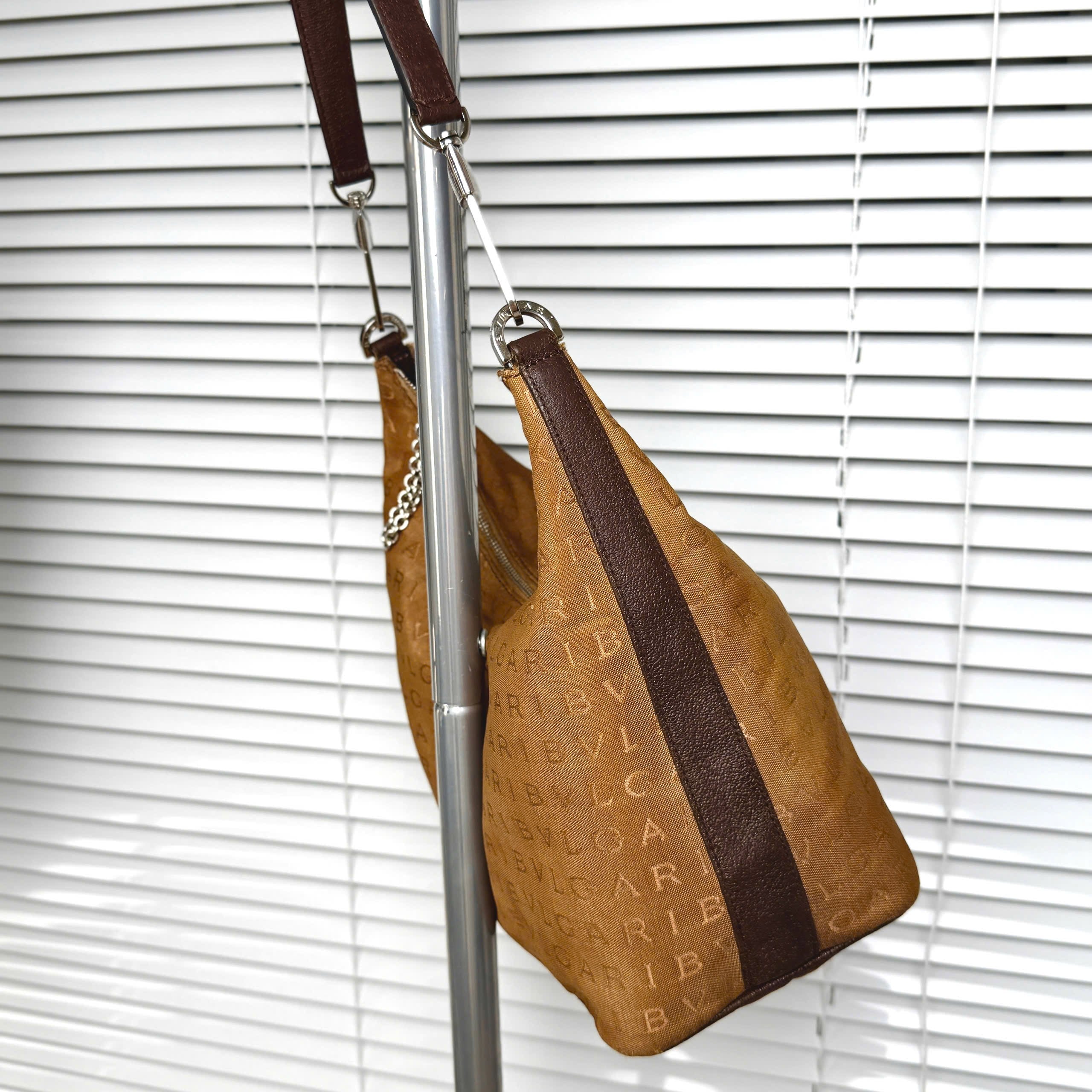 BVLGARI Logomania Brown Canvas Leather Shoulder Bag