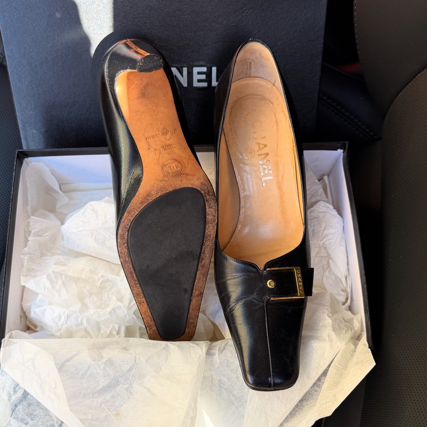 CHANEL Black Leather Buckle Detail Pumps 7cm