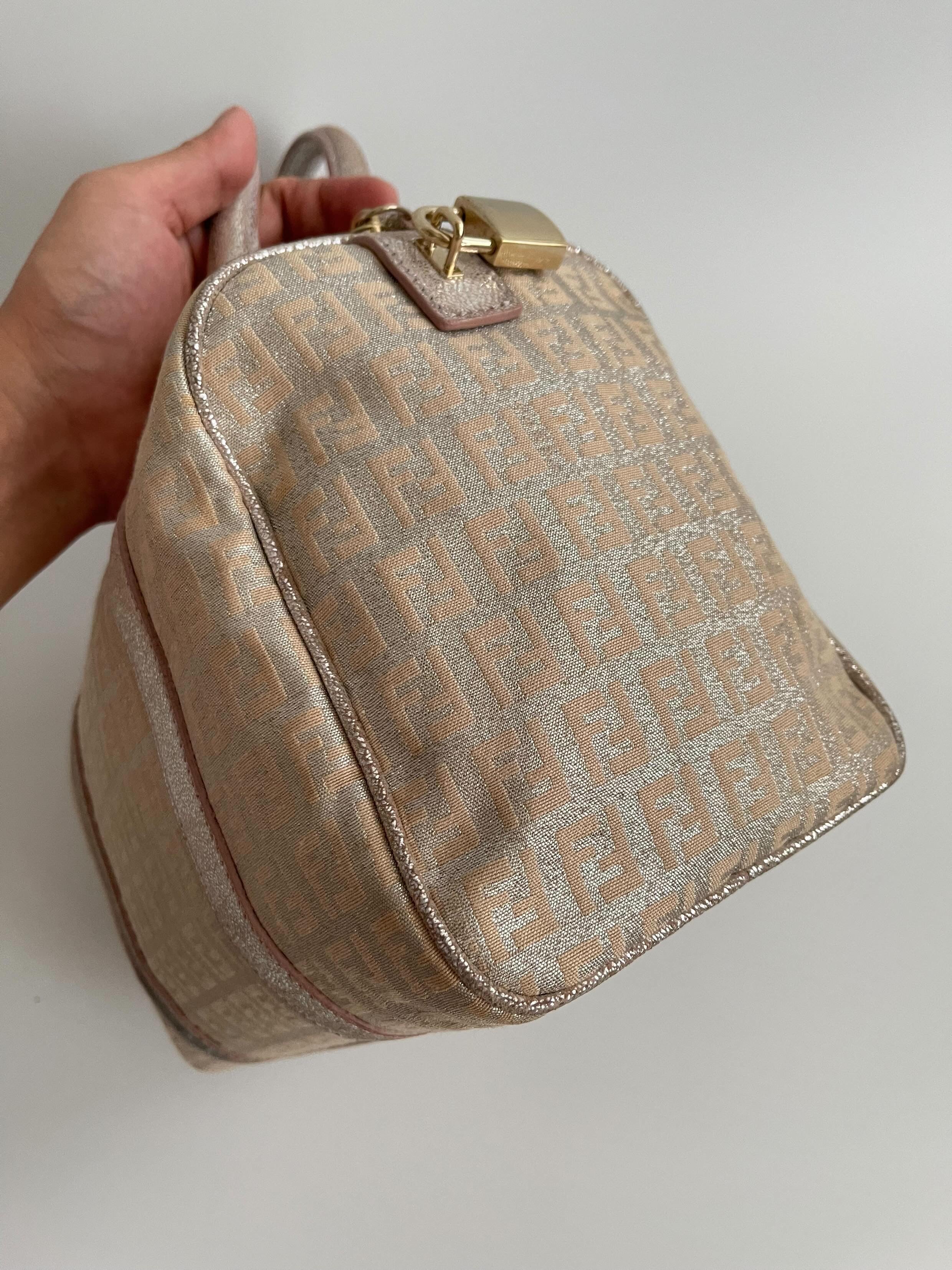 FENDI Zucchino Boston Handbag Pink Silver