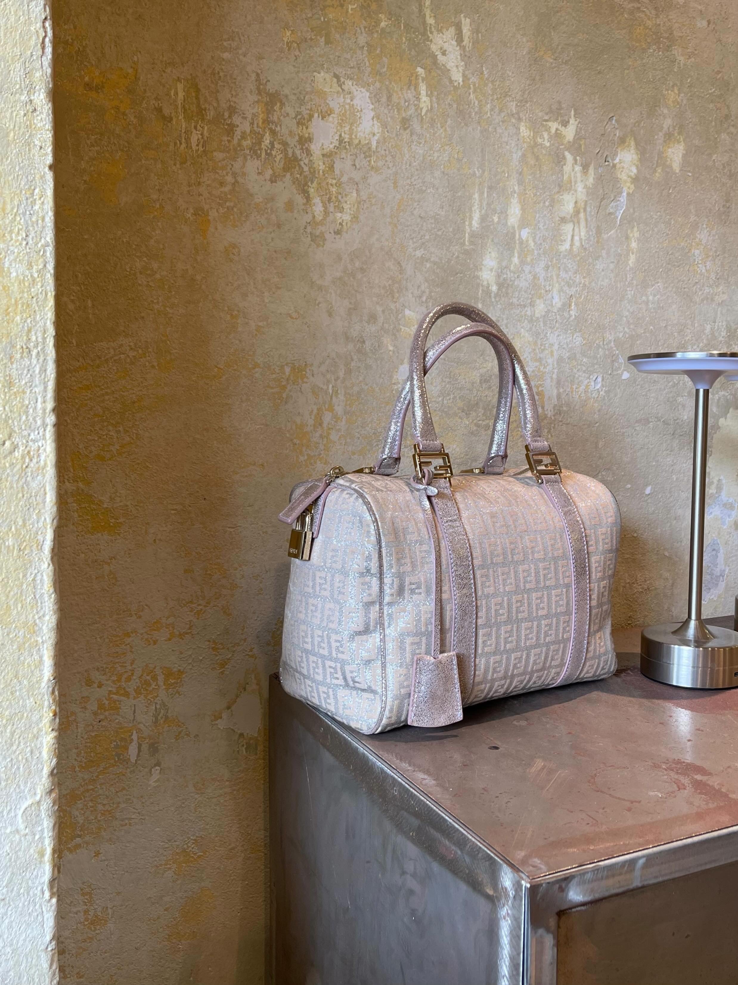 FENDI Zucchino Boston Handbag Pink Silver
