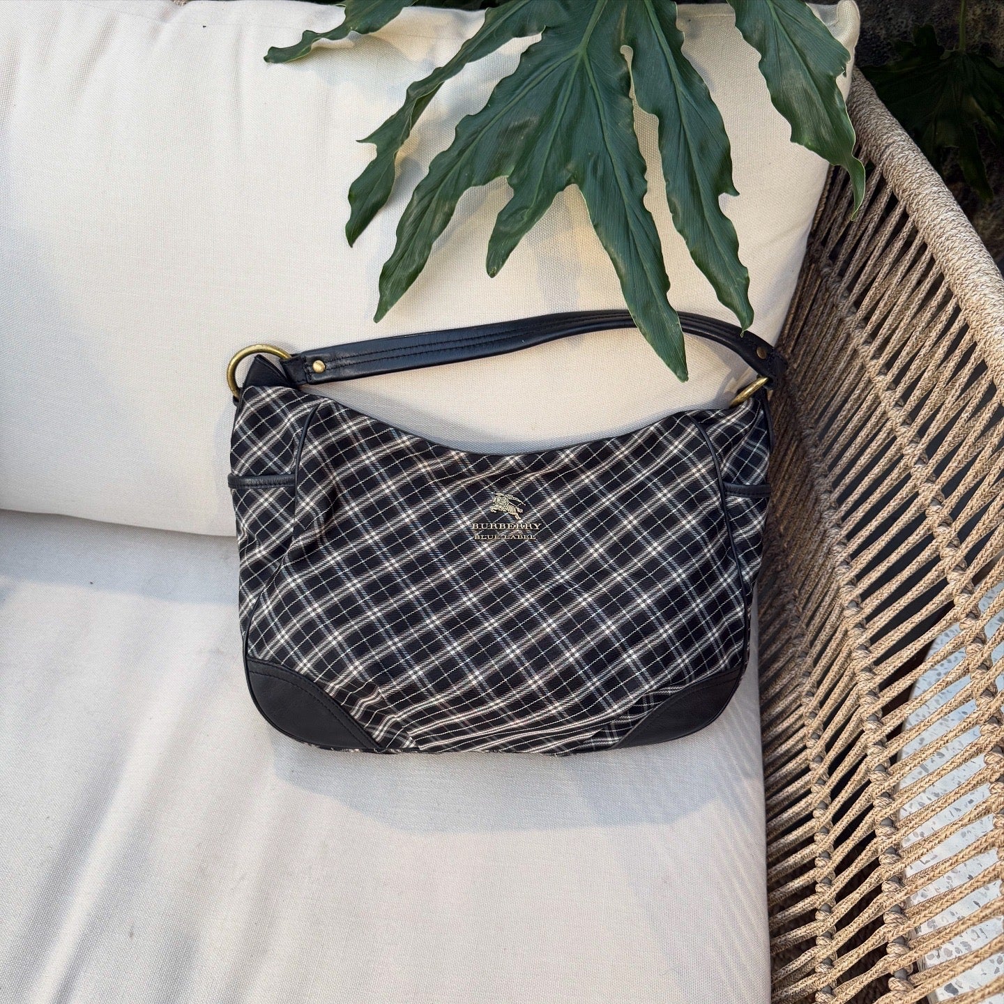 Burberry Black/White Nova Check Canvas and Leather Buckle Hobo