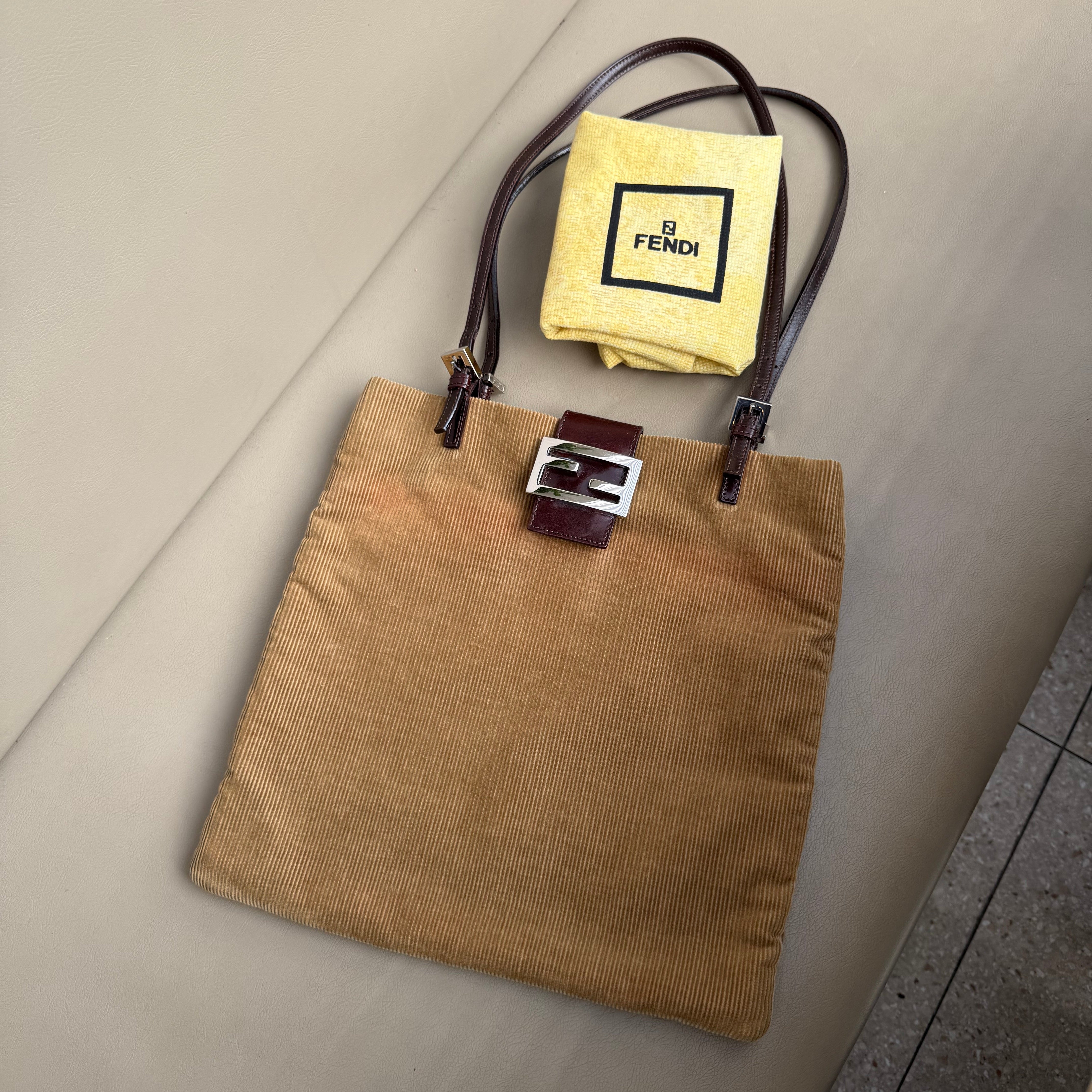 Fendi Tan Corduroy FF Silver Logo Tote Bag