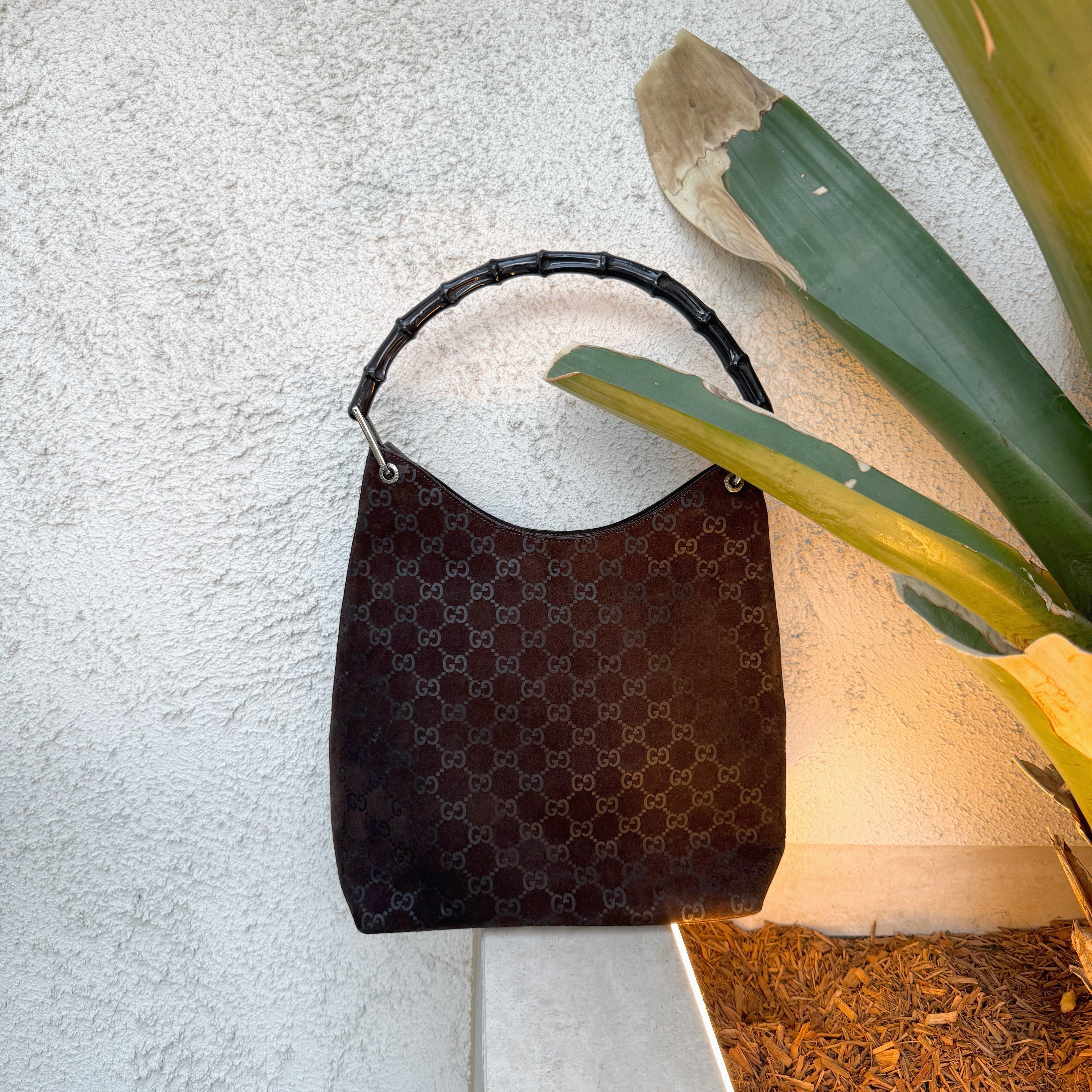 Gucci Dark Brown Bamboo Handle Suede HandBag