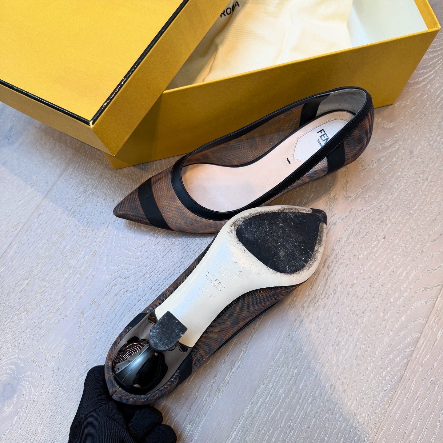 Fendi Black /Brown FF Printed Mesh And Leather Trim Colibri Zucca