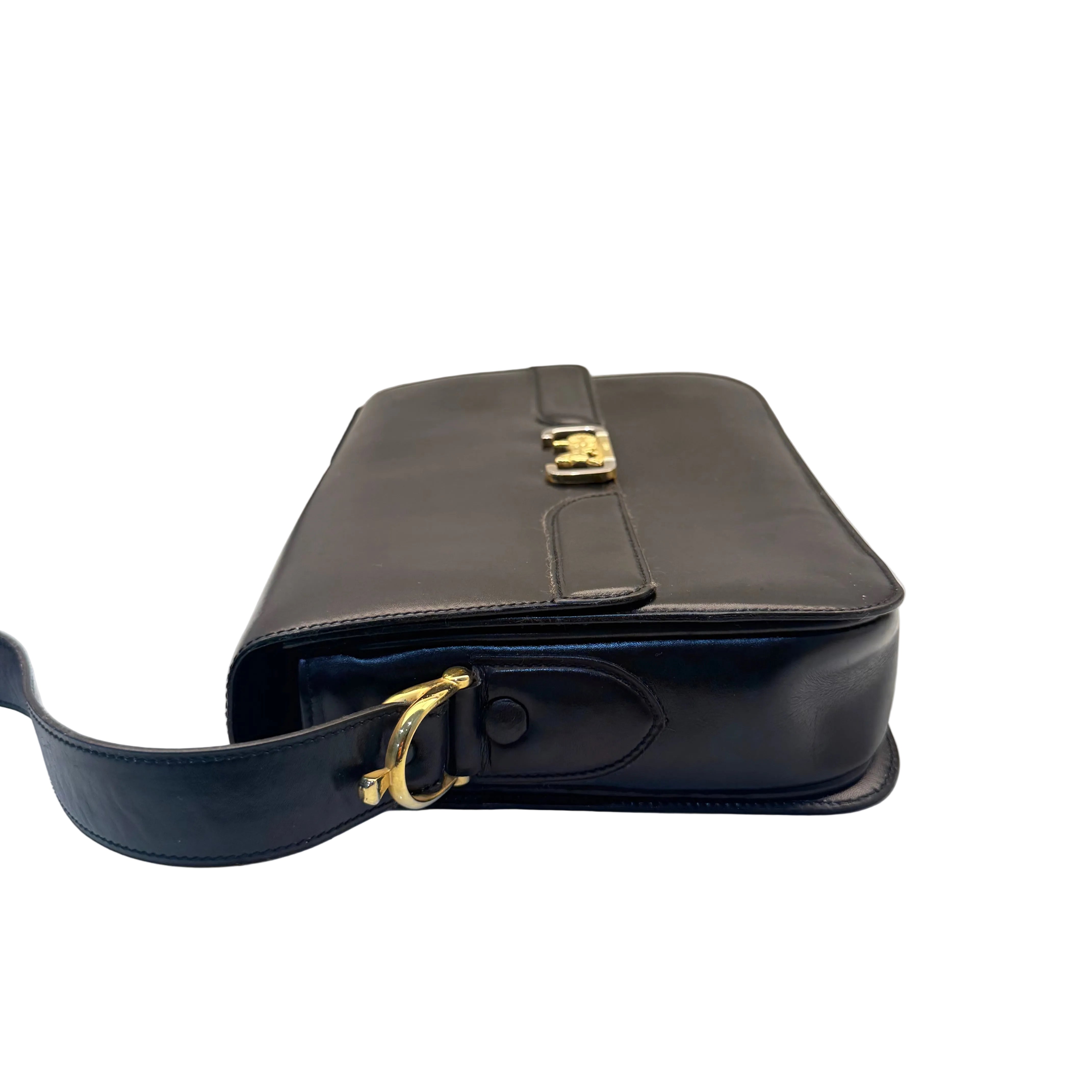 Celine Vintage Black Leather Horse Carriage Shoulder Bag