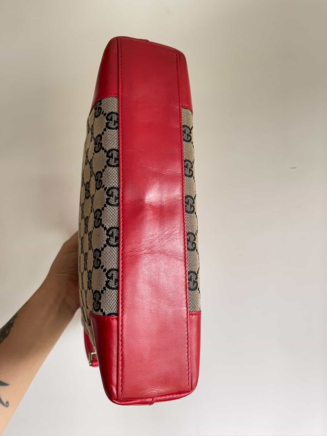 GUCCI GG Canvas One Shoulder Bag Red Leather