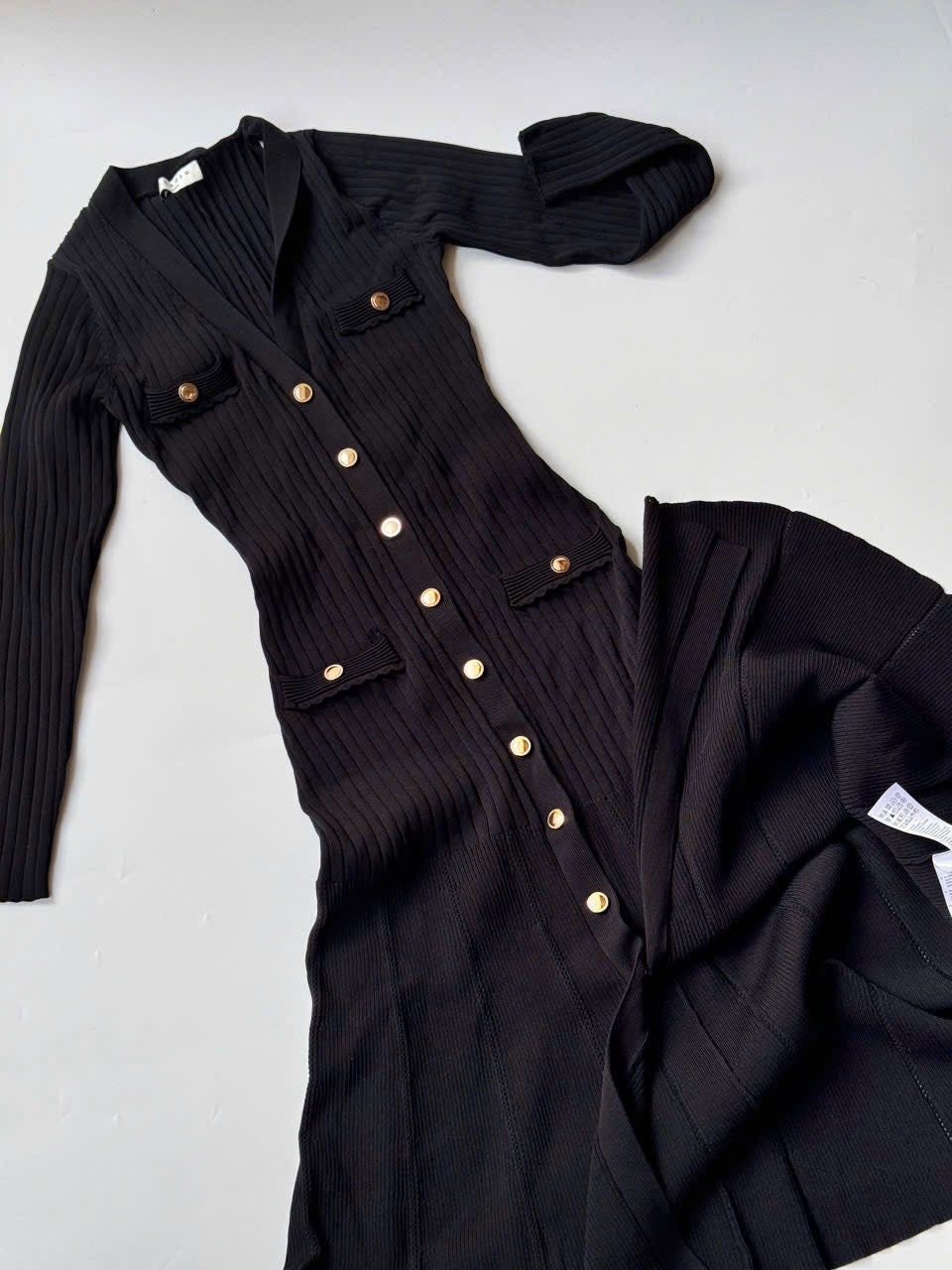 SANDRO Jannel in Black Ribbed Stretch Knit Midi Cardigan Dress