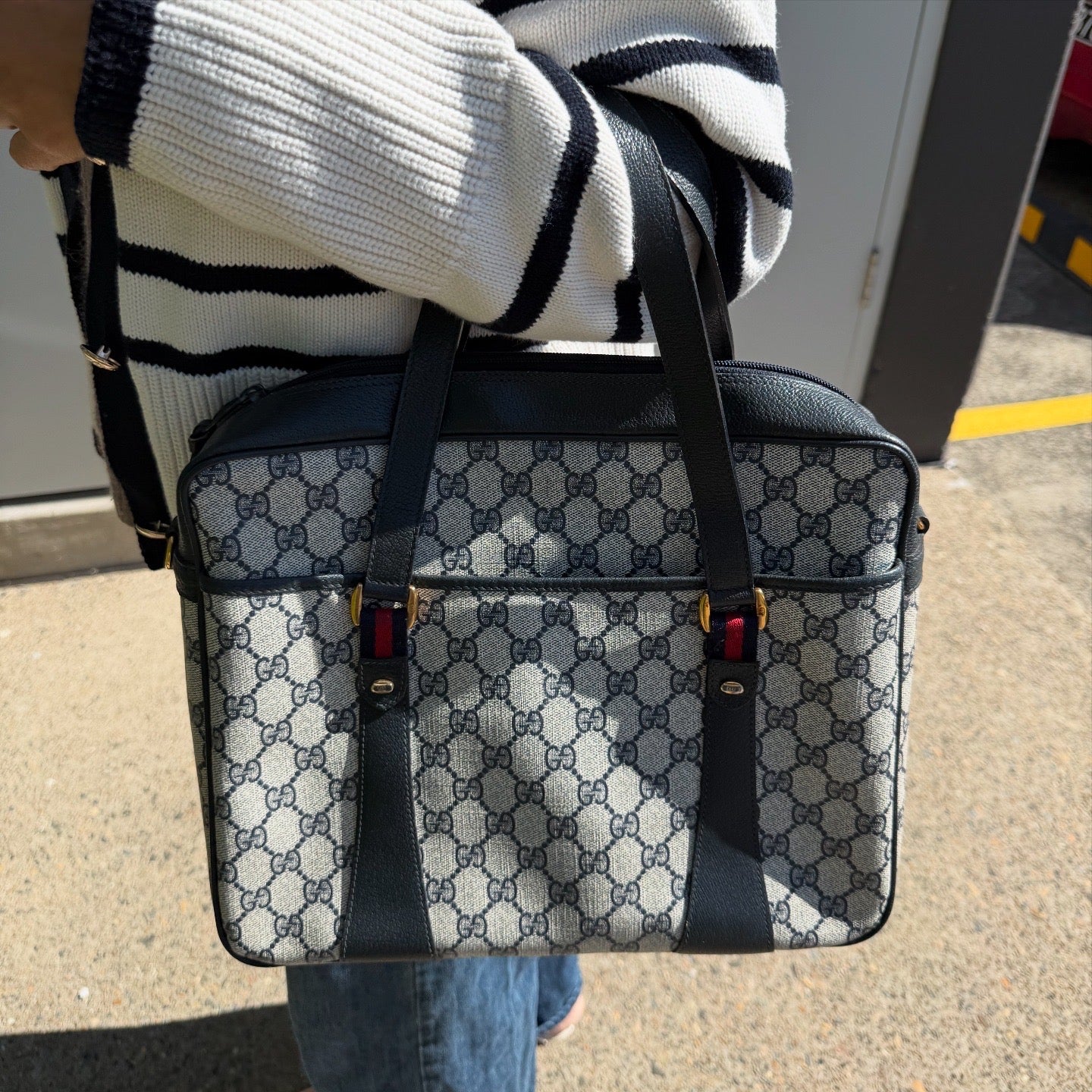 GUCCI GG Canvas Leather Sherry Line Satchel Bag